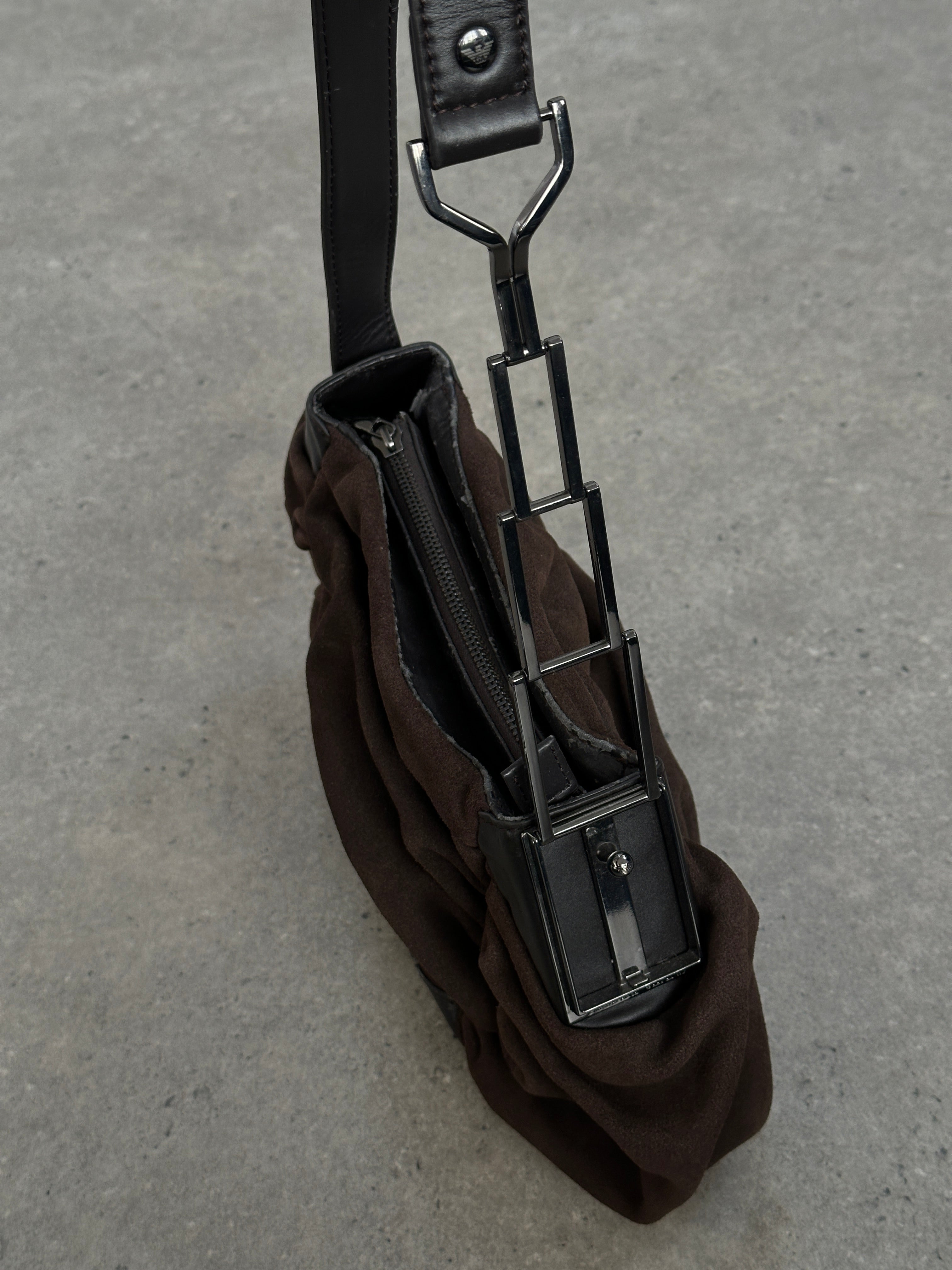 Armani Jeans suede ruched shoulder bag with a stylish design, featuring a soft texture and elegant detailing.
