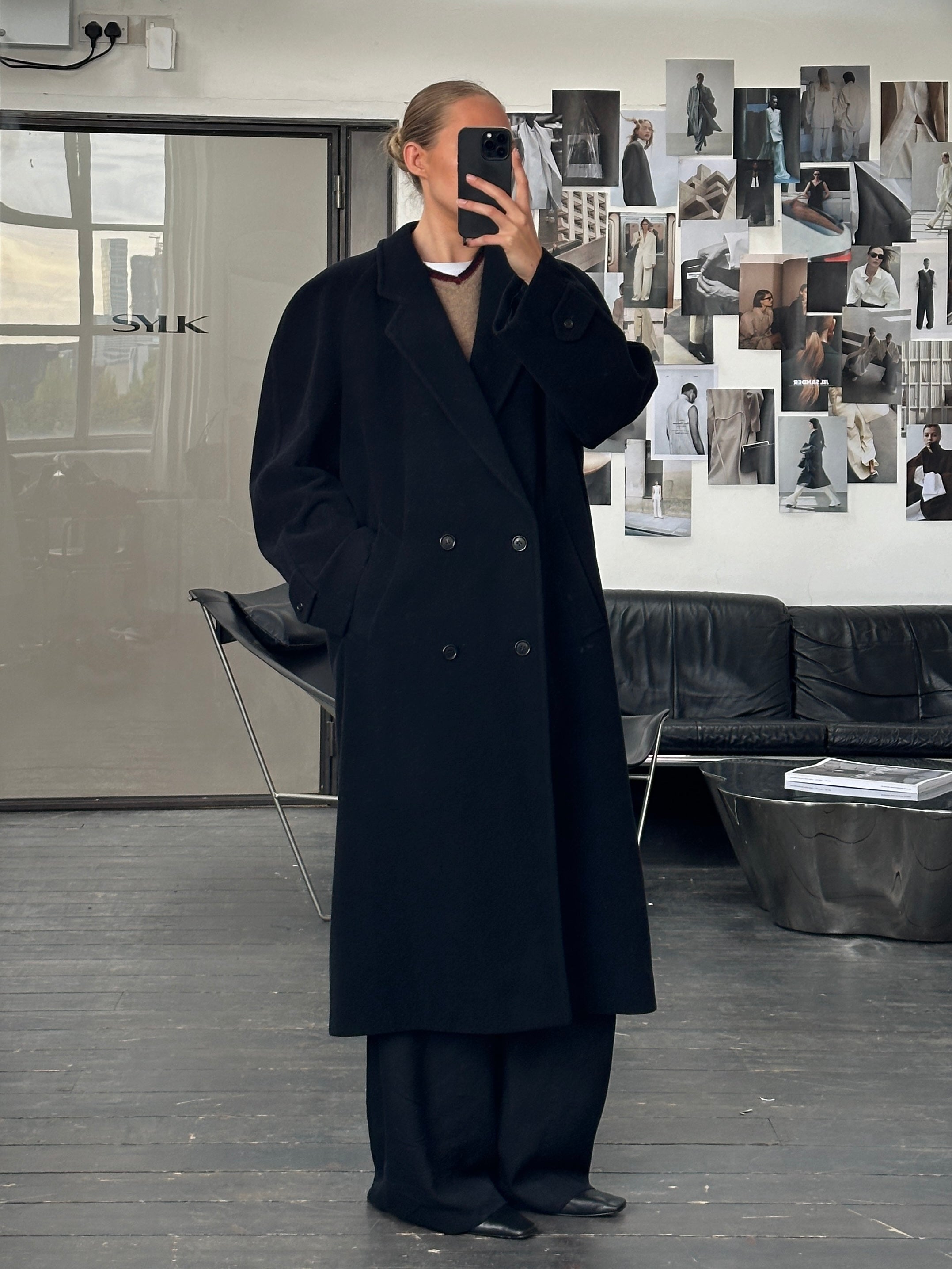 Vintage 1990s wool cashmere double-breasted coat in XL, featuring classic design and textured fabric for a timeless look.