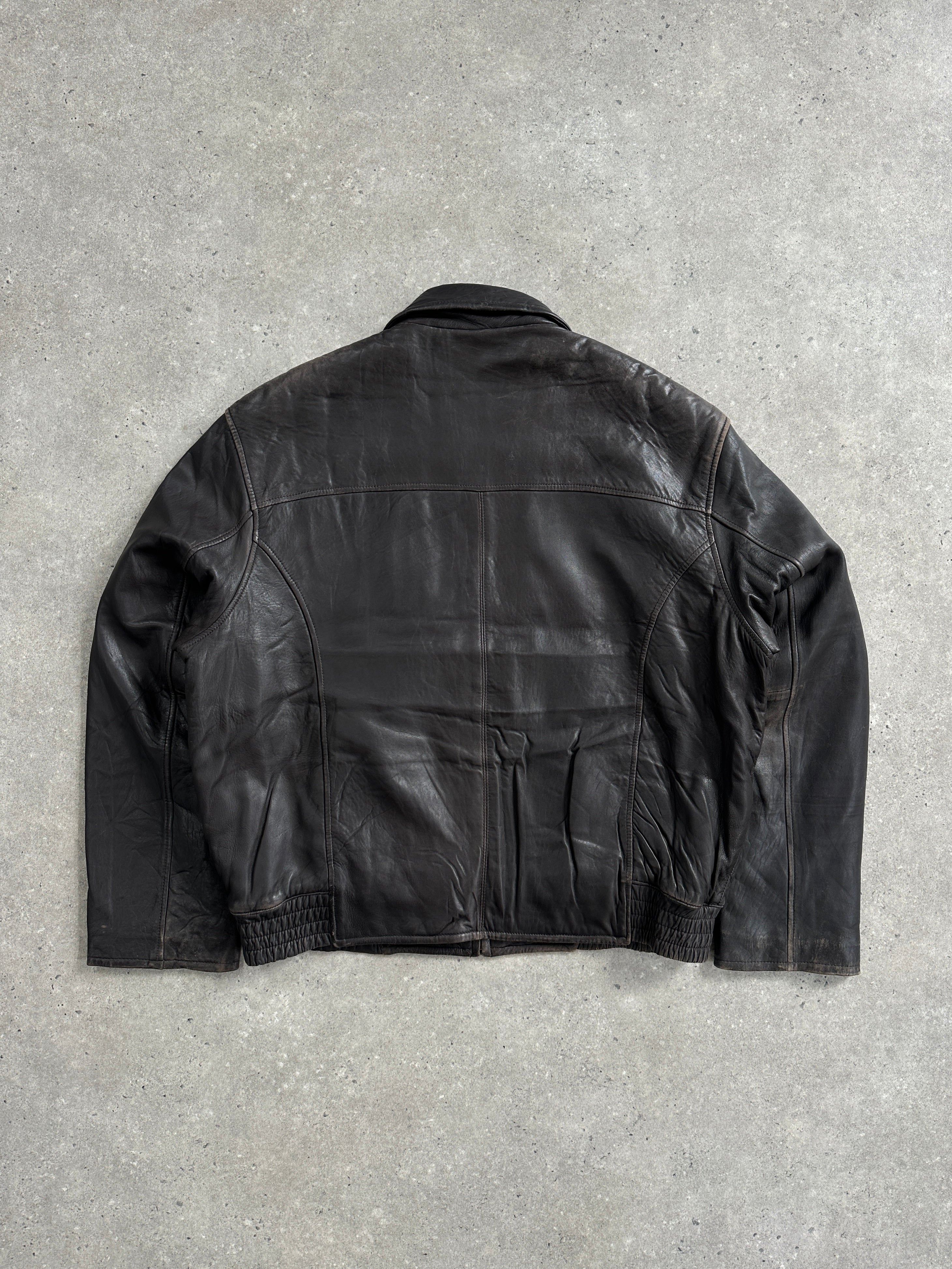 London Fog distressed leather jacket in size L, featuring rugged, vintage-style leather with detailed stitching and classic design.