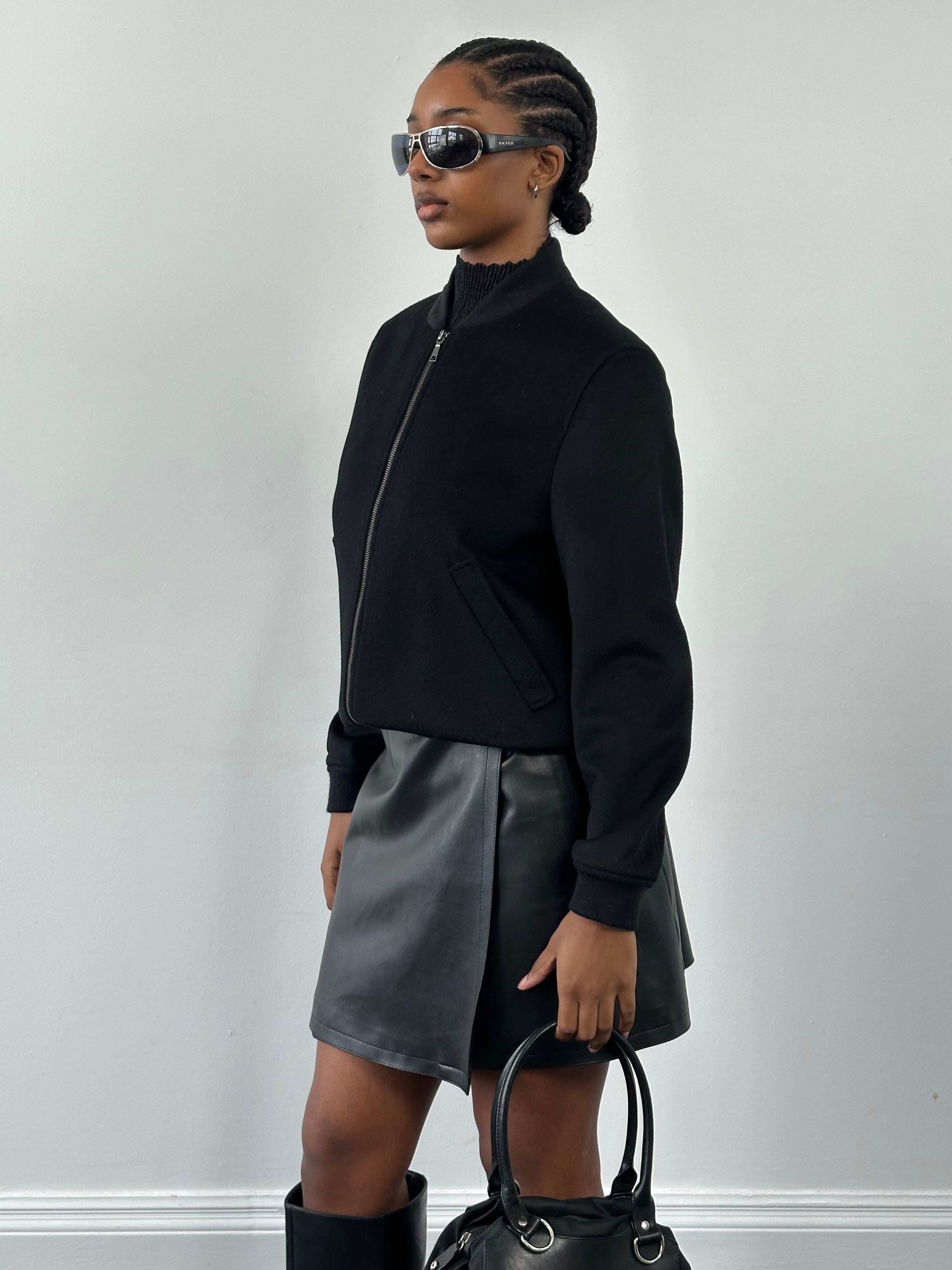 Jaeger minimal pure wool bomber jacket in size S, shown in a sleek design with a classic bomber style and neutral color.