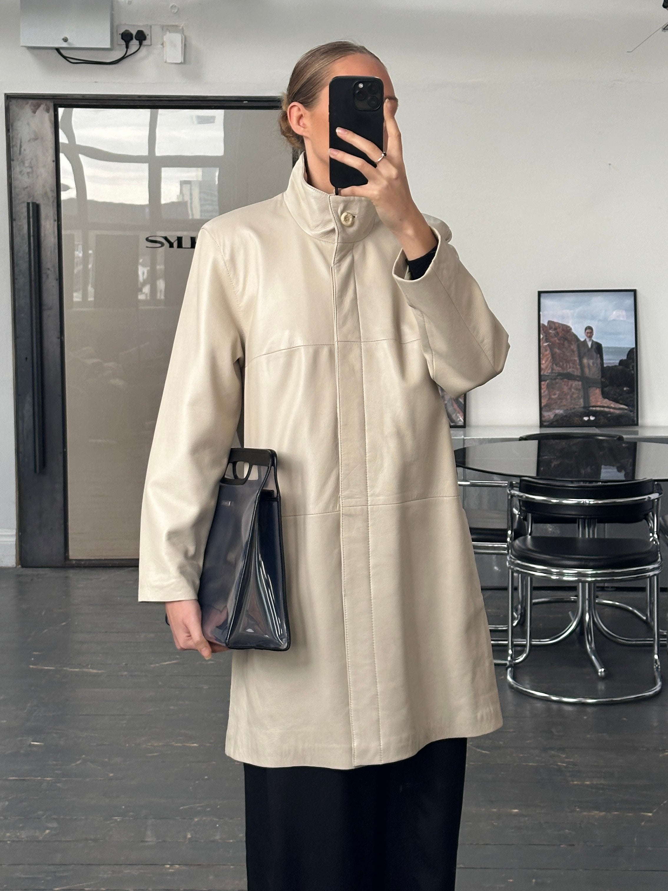 Vintage 1990s High Neck Leather Trench Coat - L - SYLK