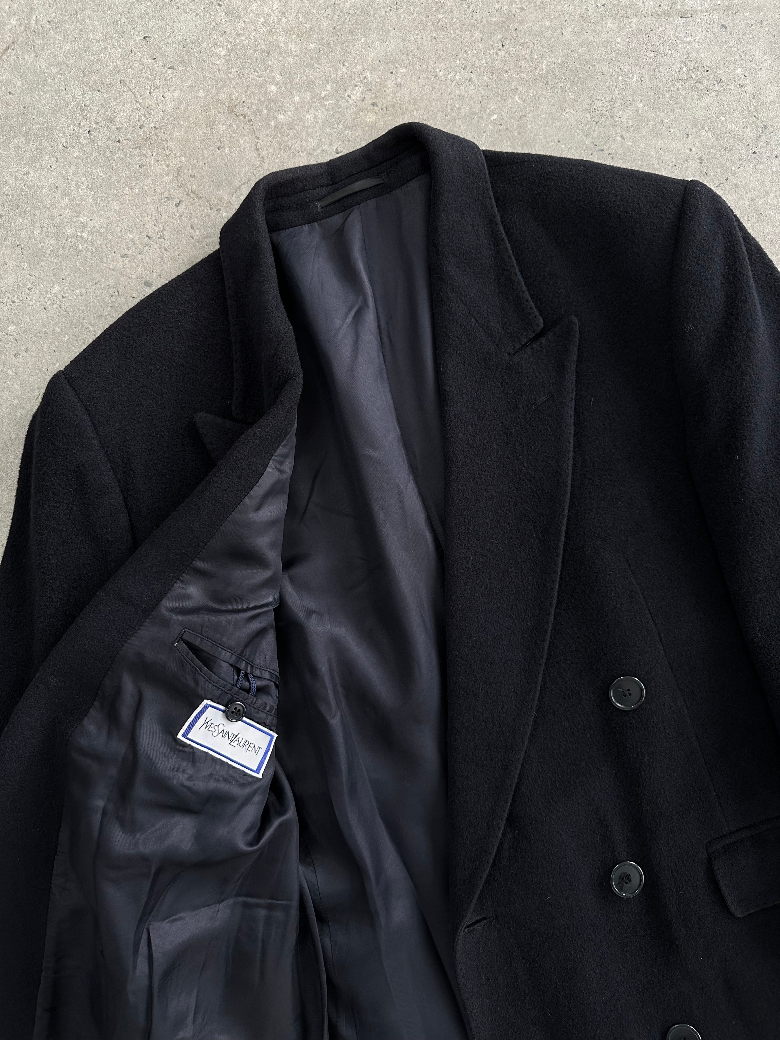 Yves Saint Laurent wool alpaca double-breasted coat in XL, front view showing tailored design and classic lapel details.