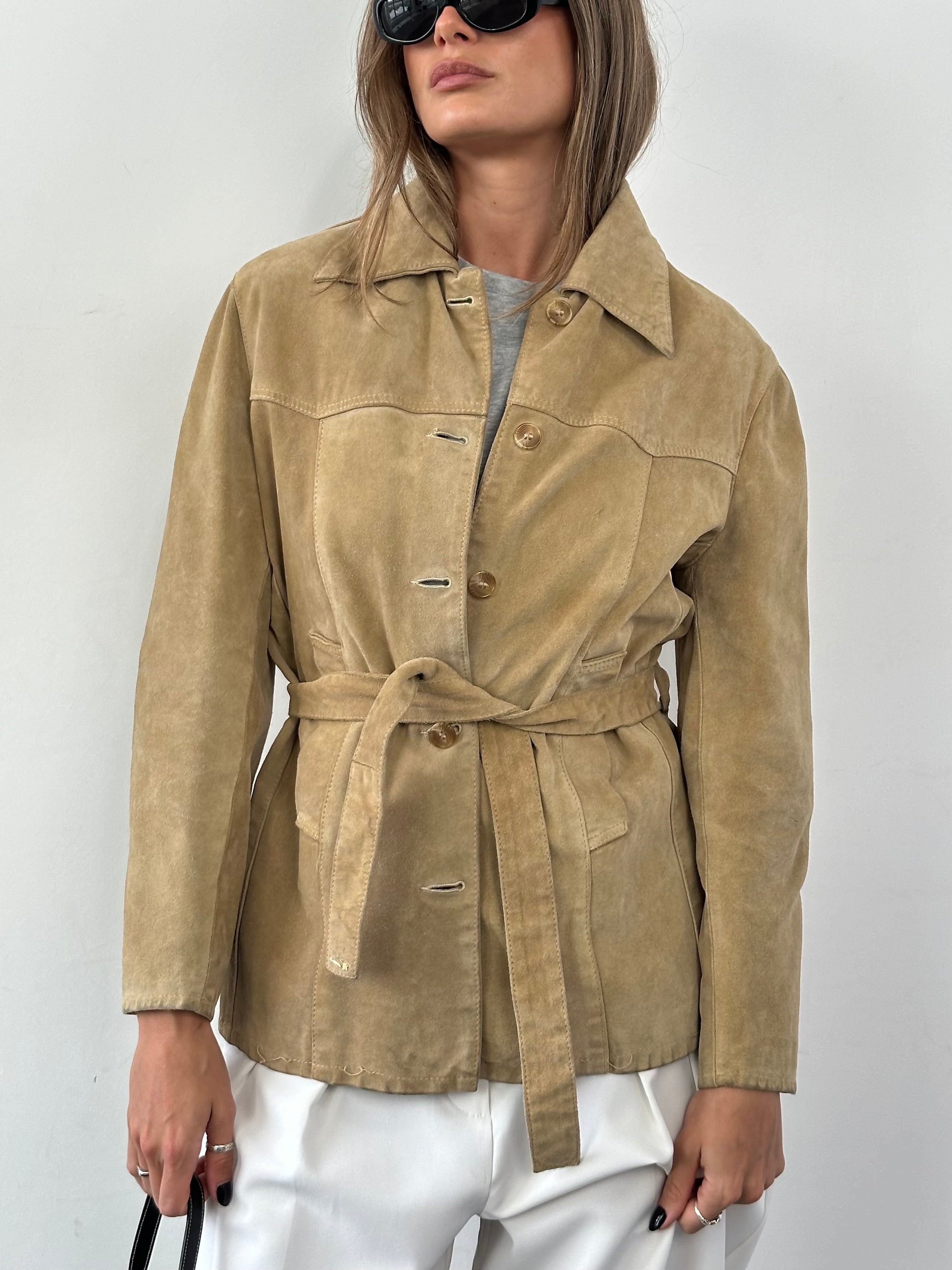 Vintage Italian suede belted jacket in size S/M, featuring classic design and textured leather details.