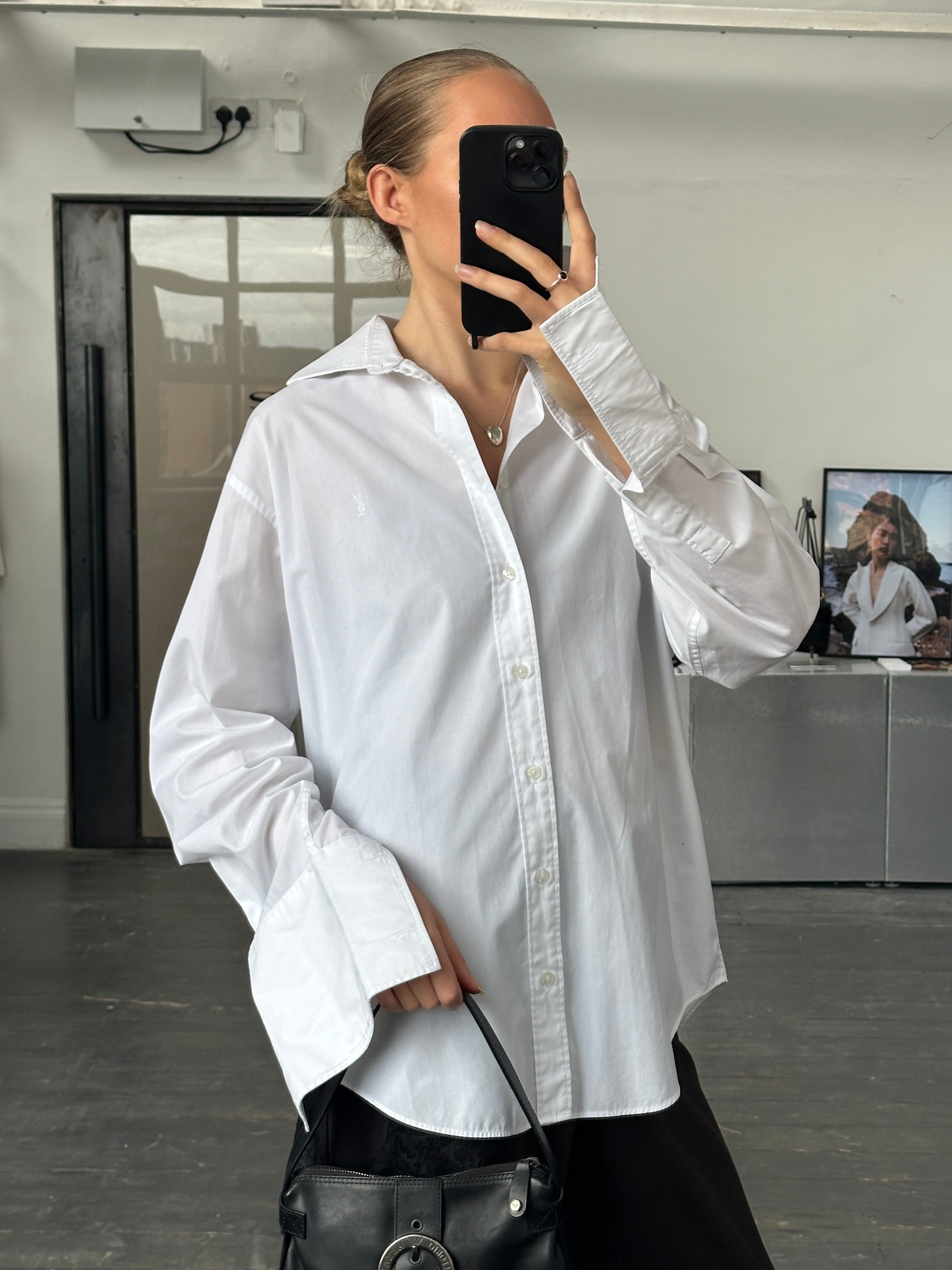 Yves Saint Laurent Pour Homme 1990s cotton logo dress shirt in size L, featuring classic design and brand logo detail.
