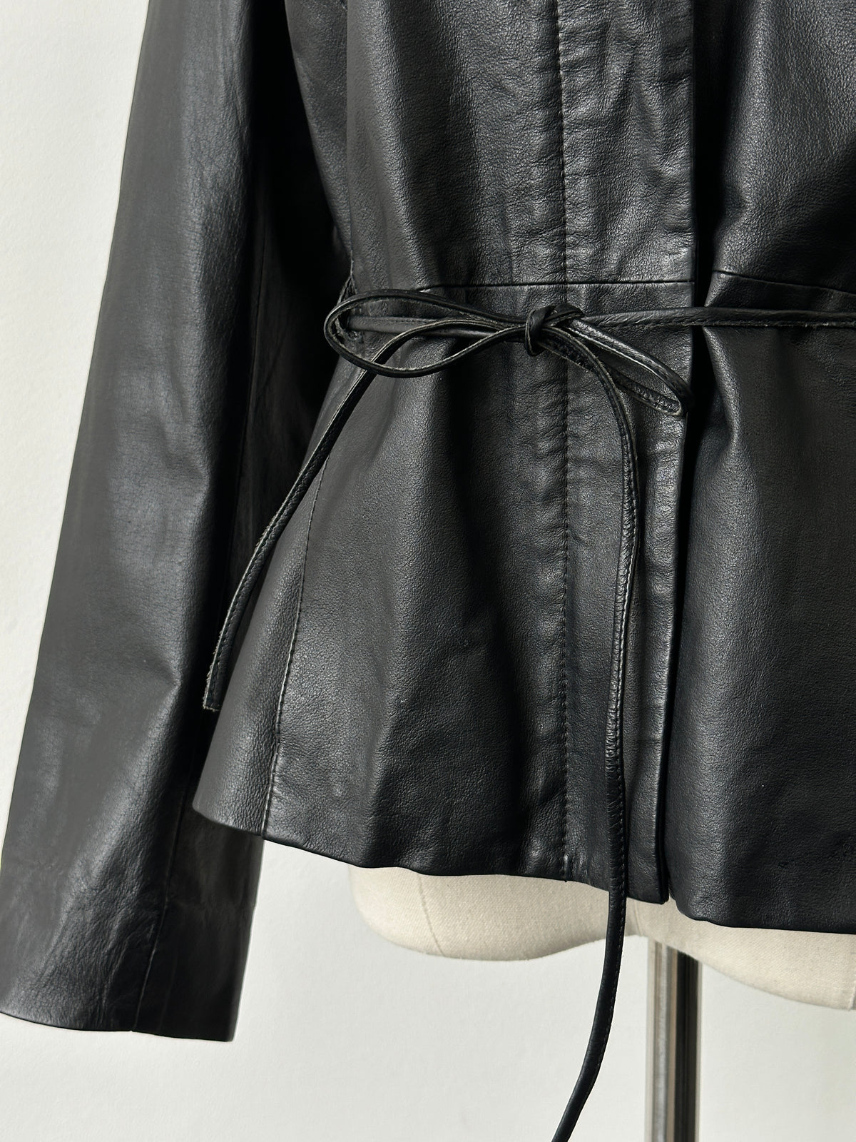 Vintage 2000s Tie Belt High Neck Leather Jacket -