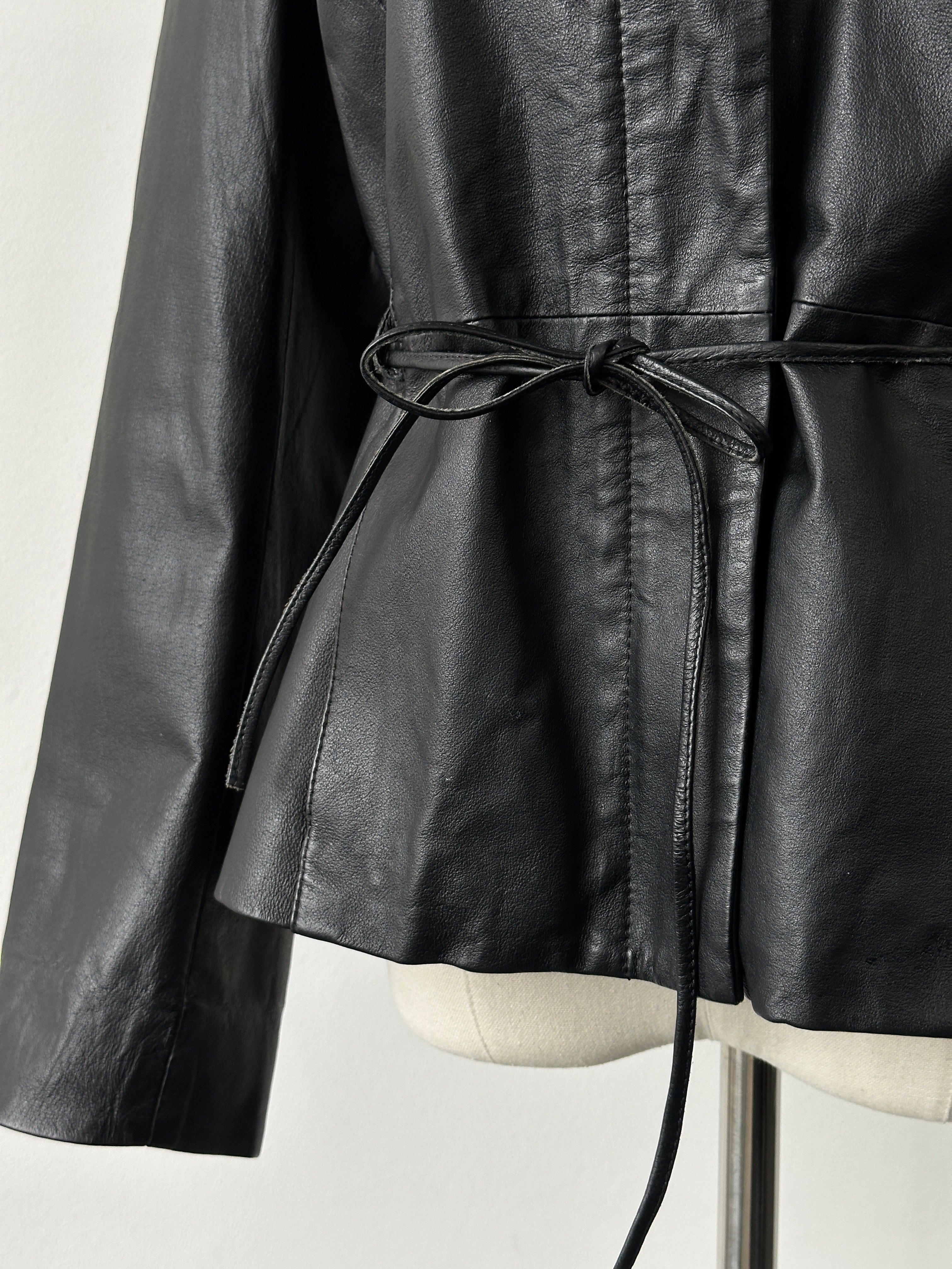 Vintage 2000s Tie Belt High Neck Leather Jacket -