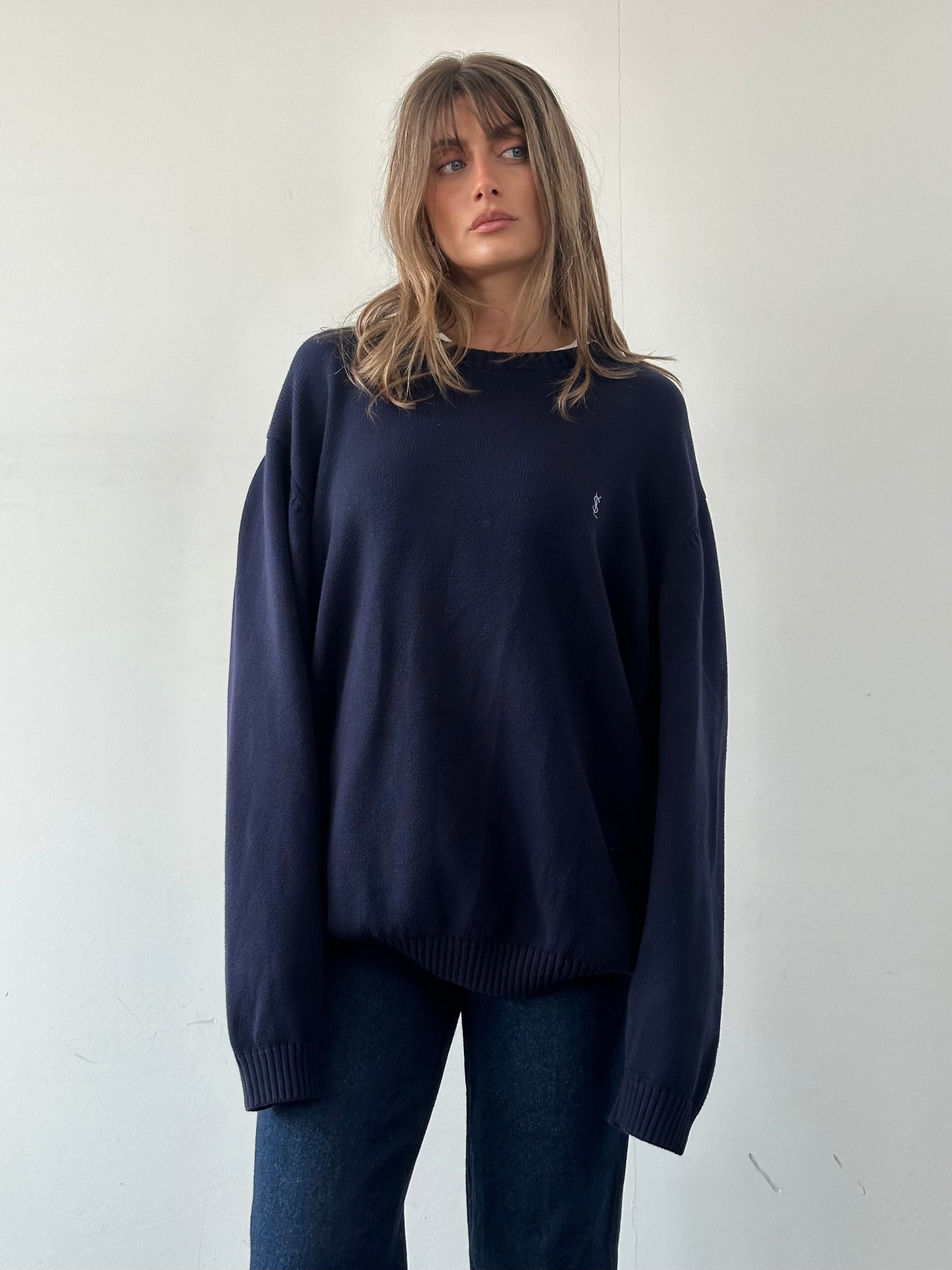Yves Saint Laurent Pour Homme pure cotton knitted logo jumper in XXL, featuring a classic design and YSL branding on the front.