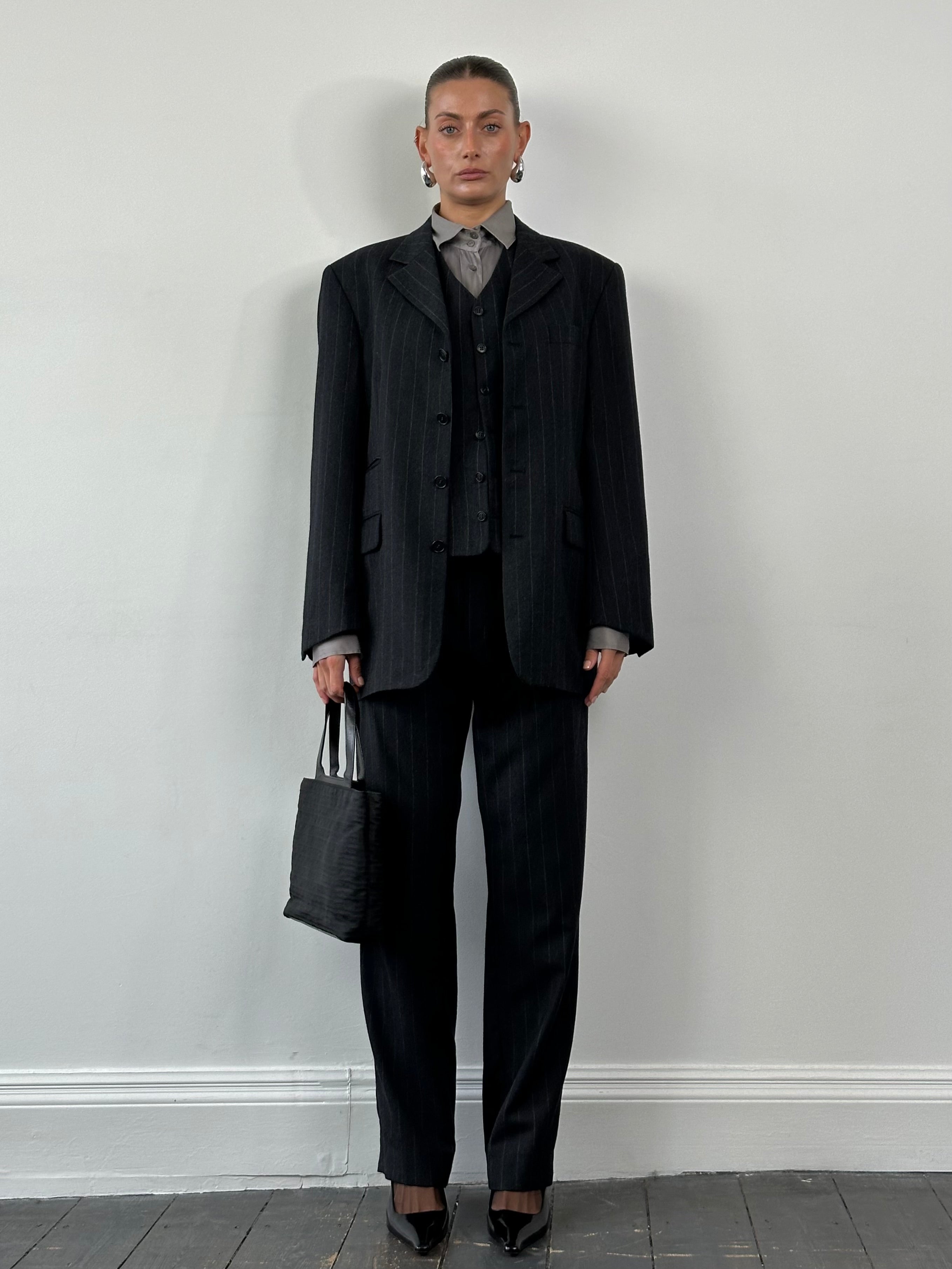 Yves Saint Laurent 1990s men's brushed wool pinstripe three-piece suit, size 40R/W30, featuring a tailored jacket, vest, and trousers.