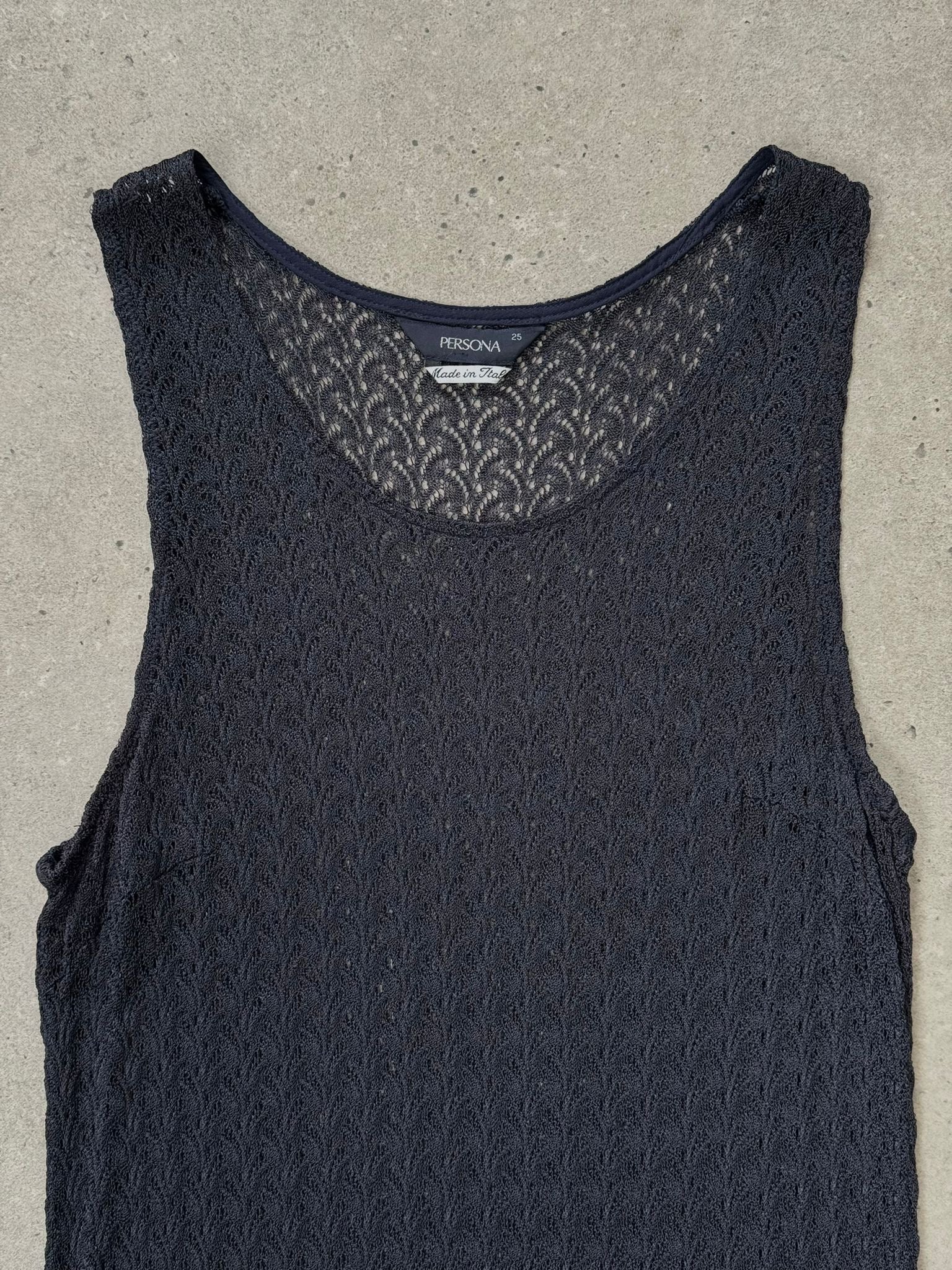Vintage Italian 1990s open-knit midi dress, size M, featuring a stylish retro design with intricate knit patterns.