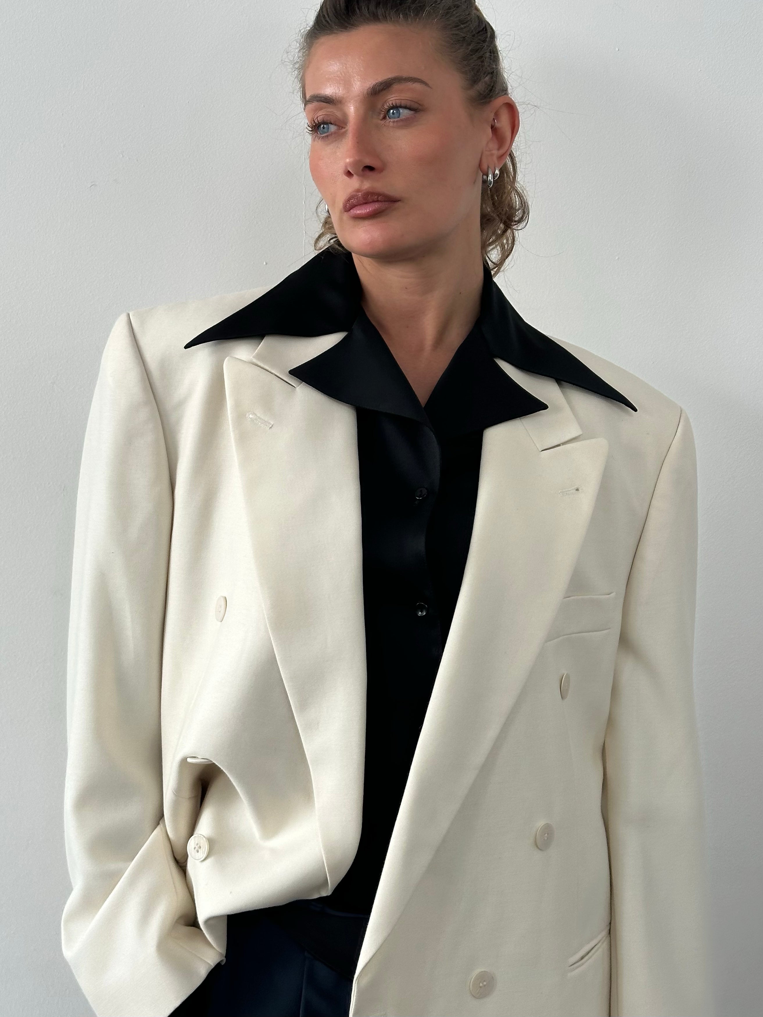 Vintage1990s Pure Wool Double Breasted Tuxedo Blazer - 46R