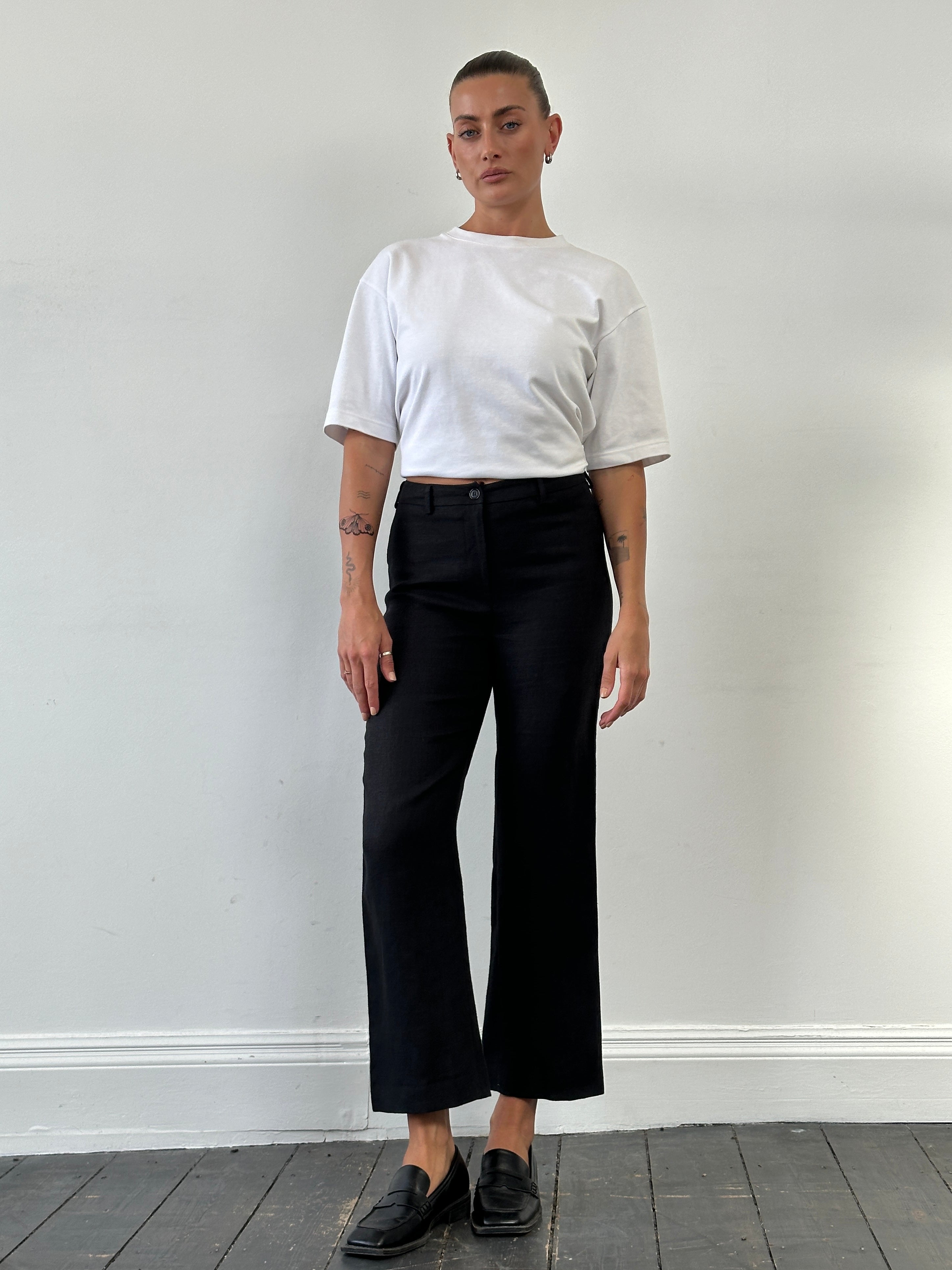 Hobbs Pure Linen straight leg low rise trousers in W25, beige color, showing front view with waistband and tailored fit.