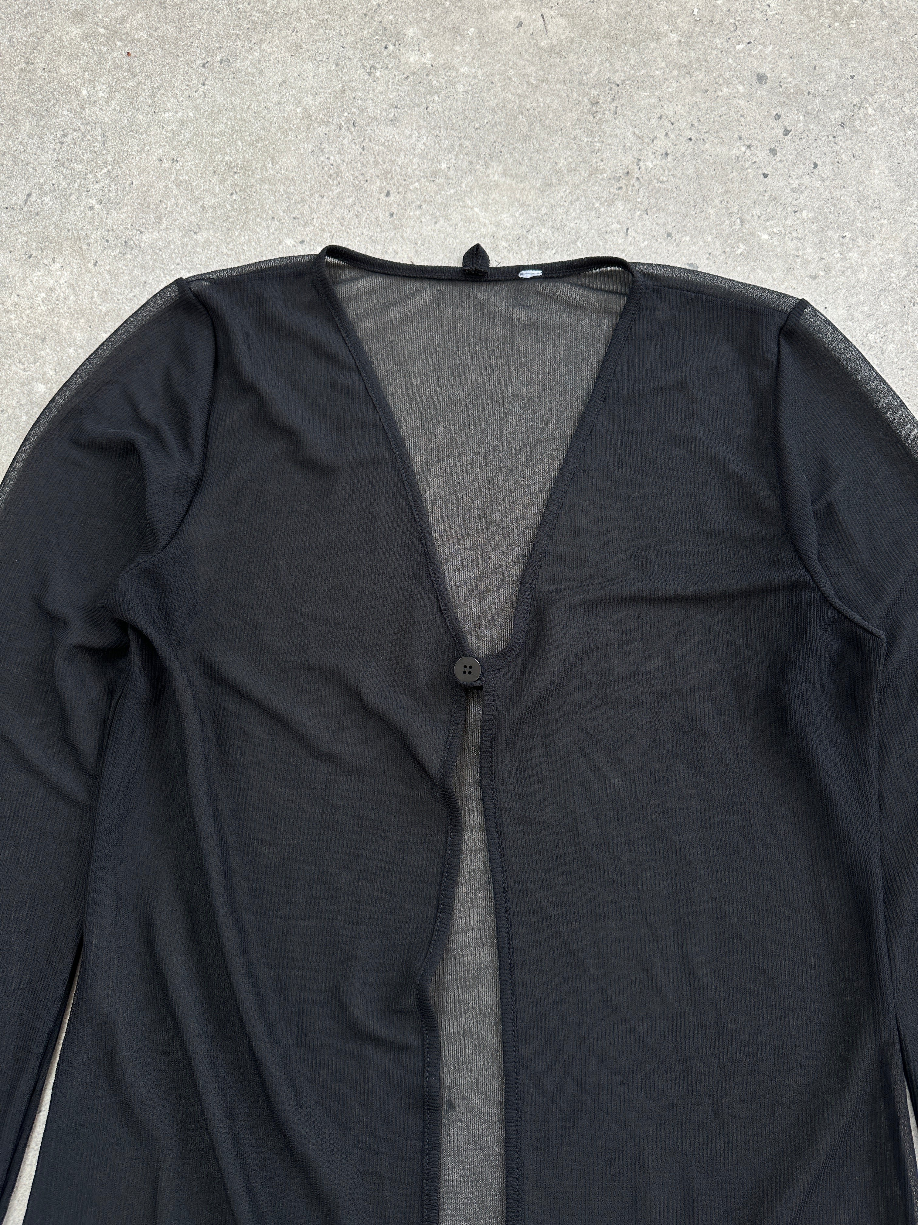 Vintage 2000s sheer floor-length cardigan in size S/M, lightweight and flowy, with long sleeves and open front.