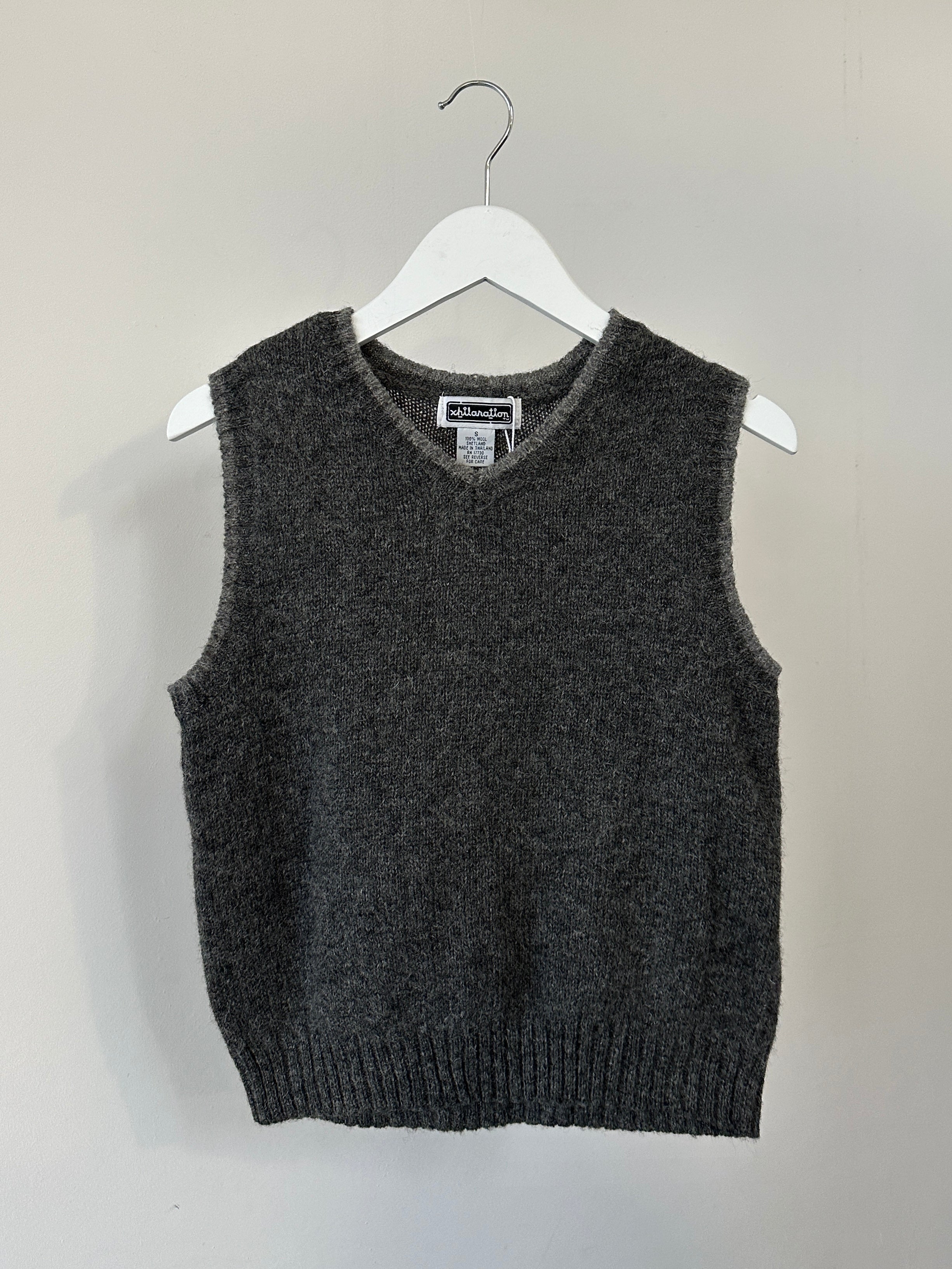 Vintage Pure Shetland Wool Sleeveless Vest Jumper, front view showing classic design and natural wool texture.