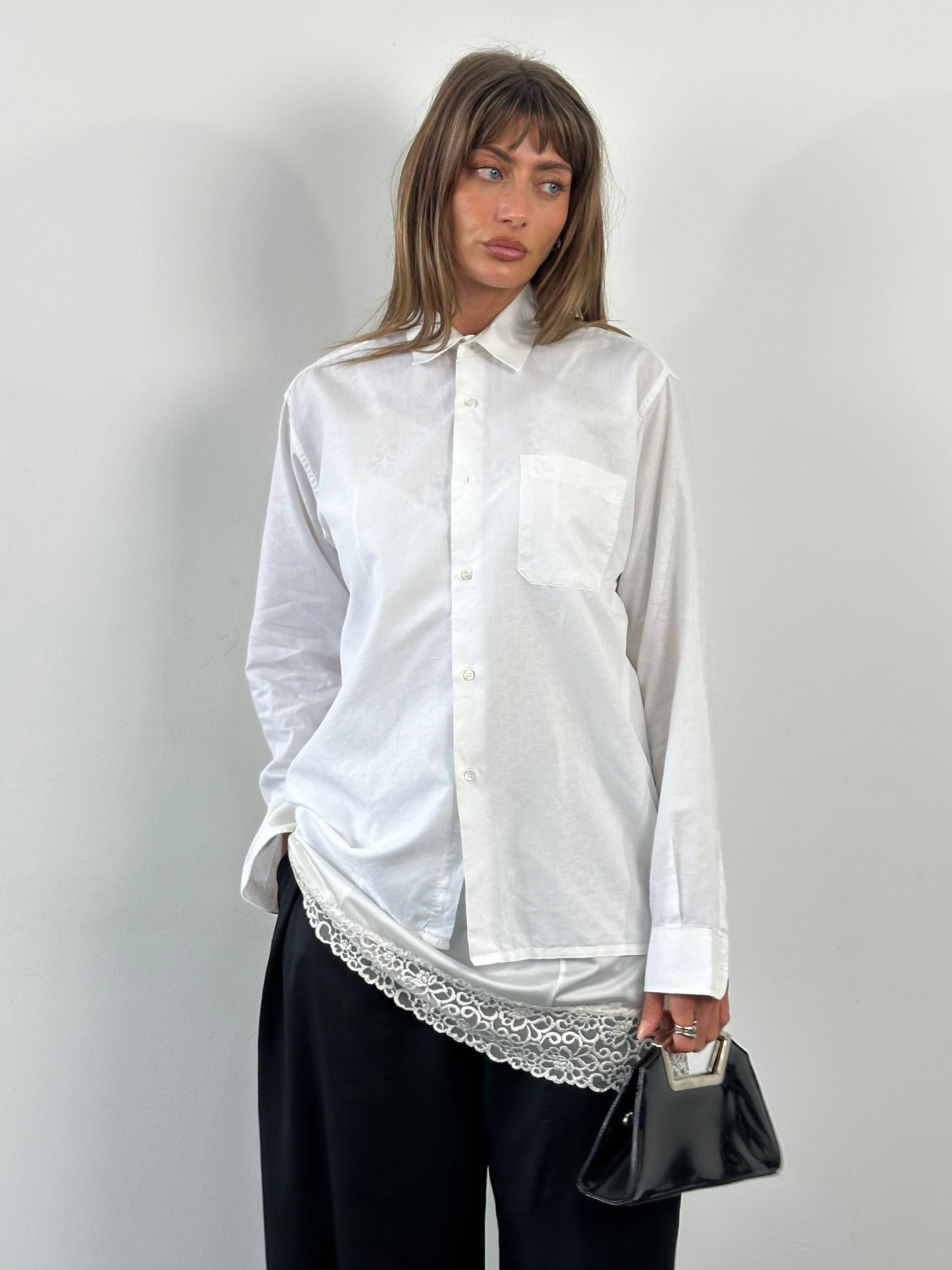 Christian Dior Monsieur Paris 1990s cotton textured logo shirt, M/L, with visible logo detailing and classic button-down style.