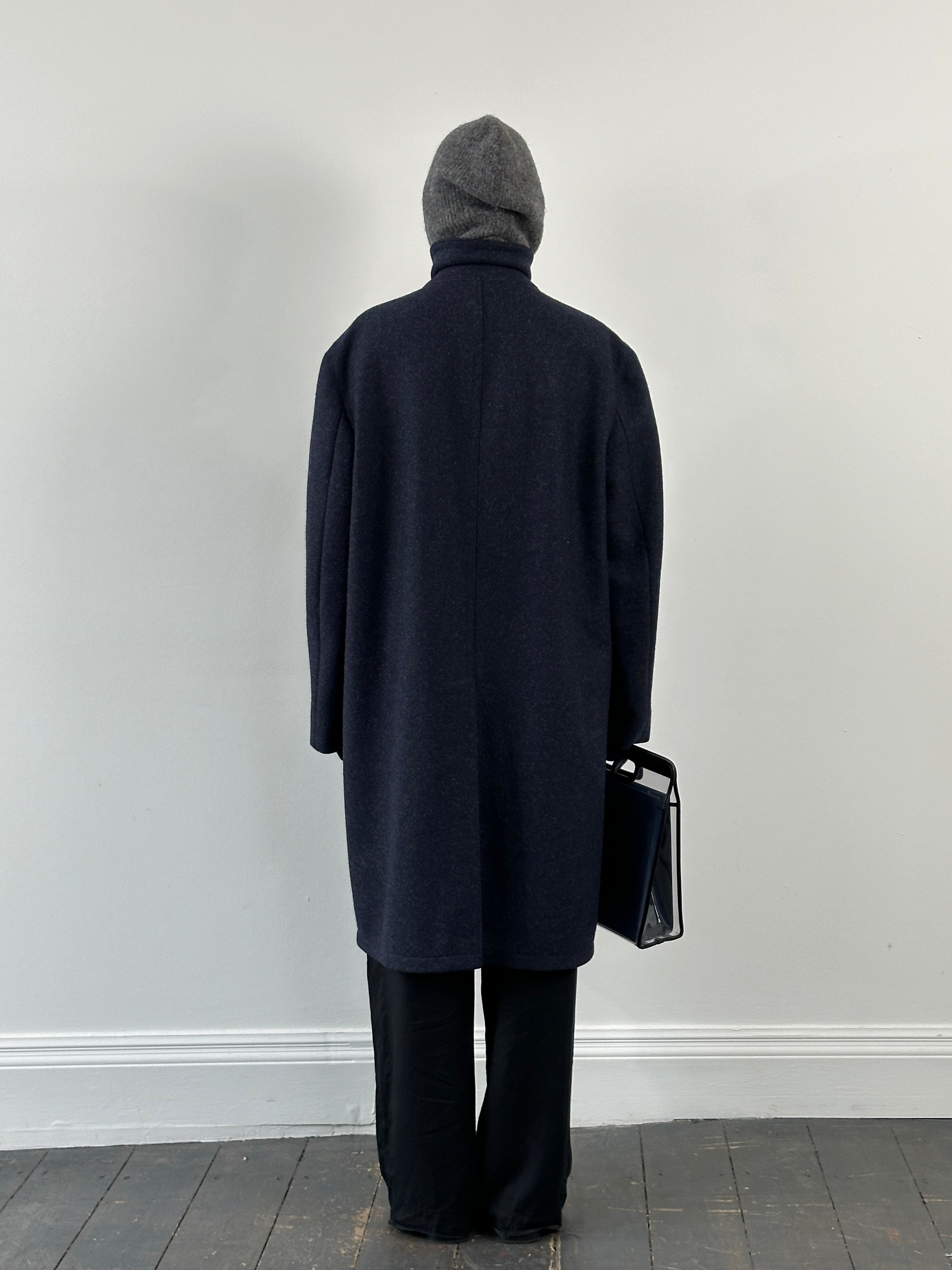 Vintage 1990s pure wool high neck single-breasted coat in XL/XXL, showcasing a classic vintage coat design with a high collar.