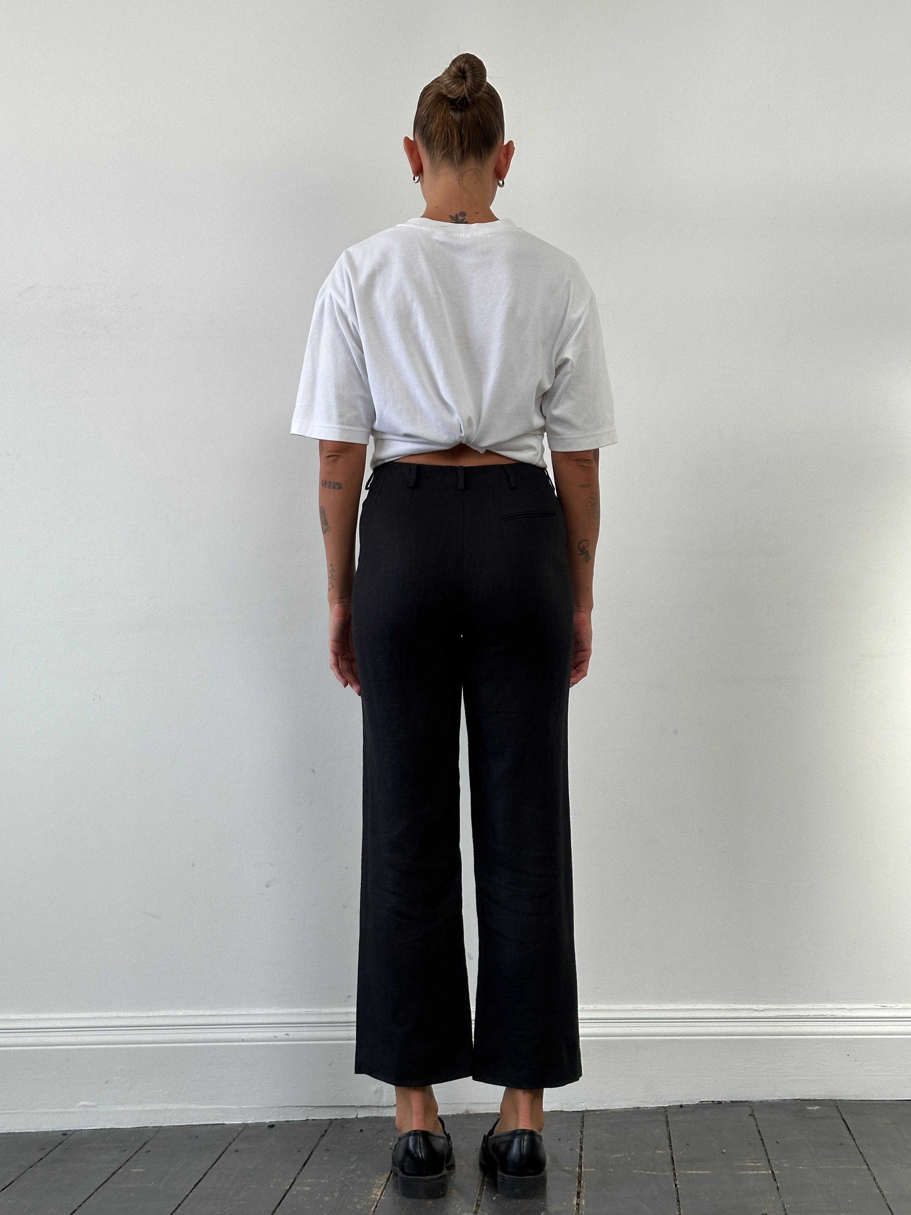 Hobbs Pure Linen straight-leg low-rise trousers in W25, light beige color, laid flat showing front view and waistband.