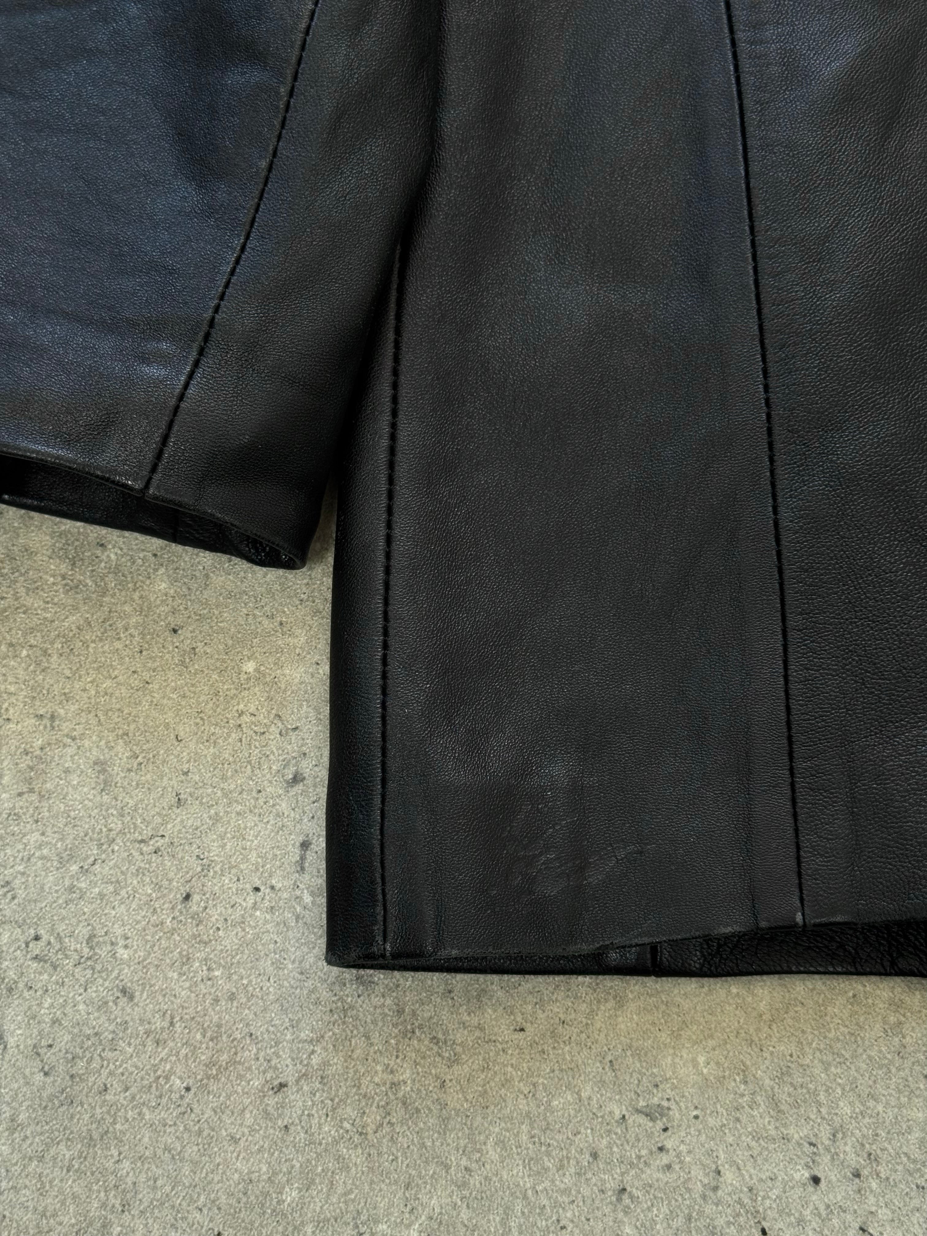 British Vintage 1990s fitted leather jacket in black, featuring classic design and silver hardware, from Vintage brand.