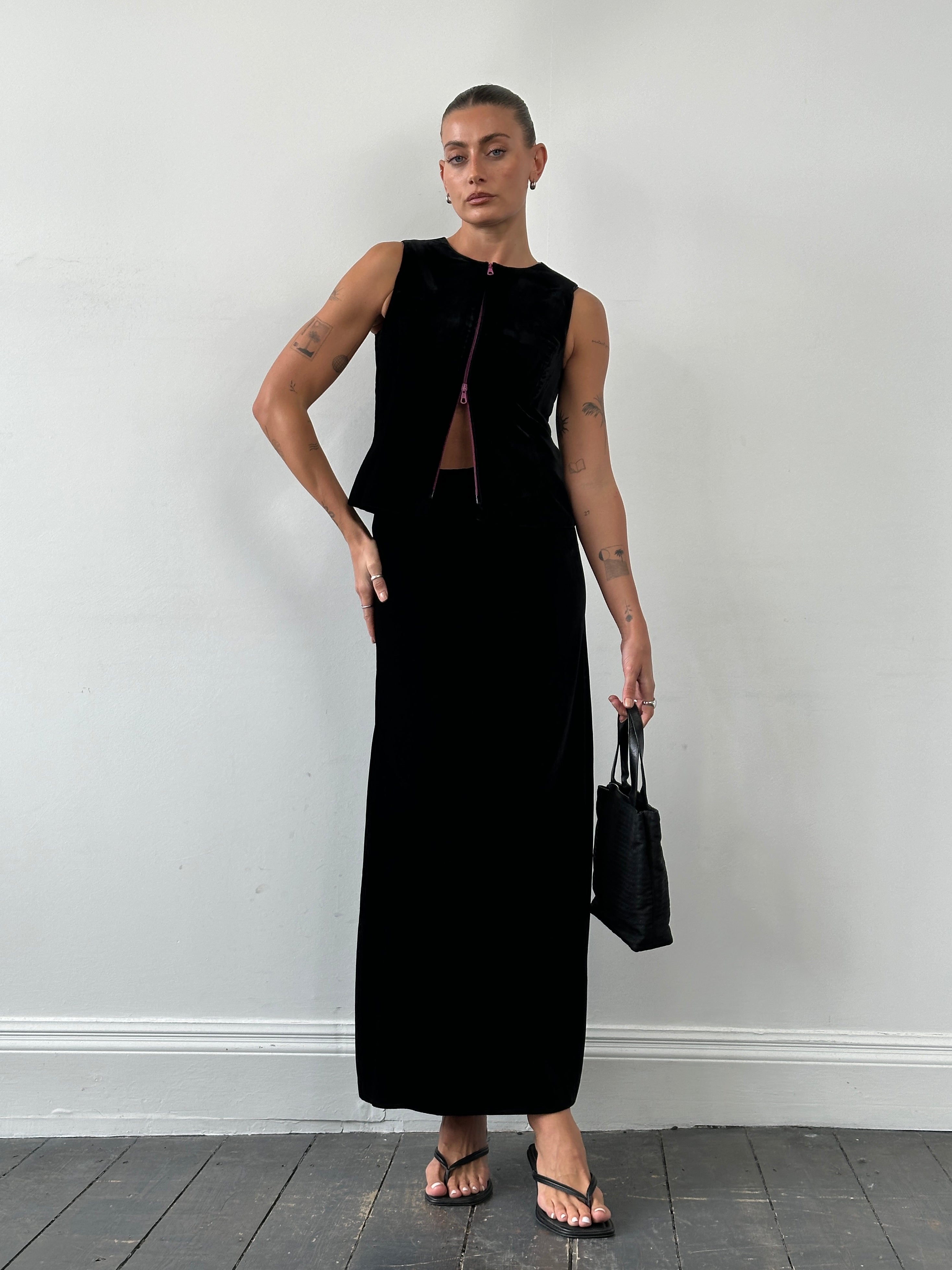 Giorgio Armani Le Collezioni 1980s velvet two-piece skirt set, featuring a fitted skirt and matching top in rich velvet fabric.