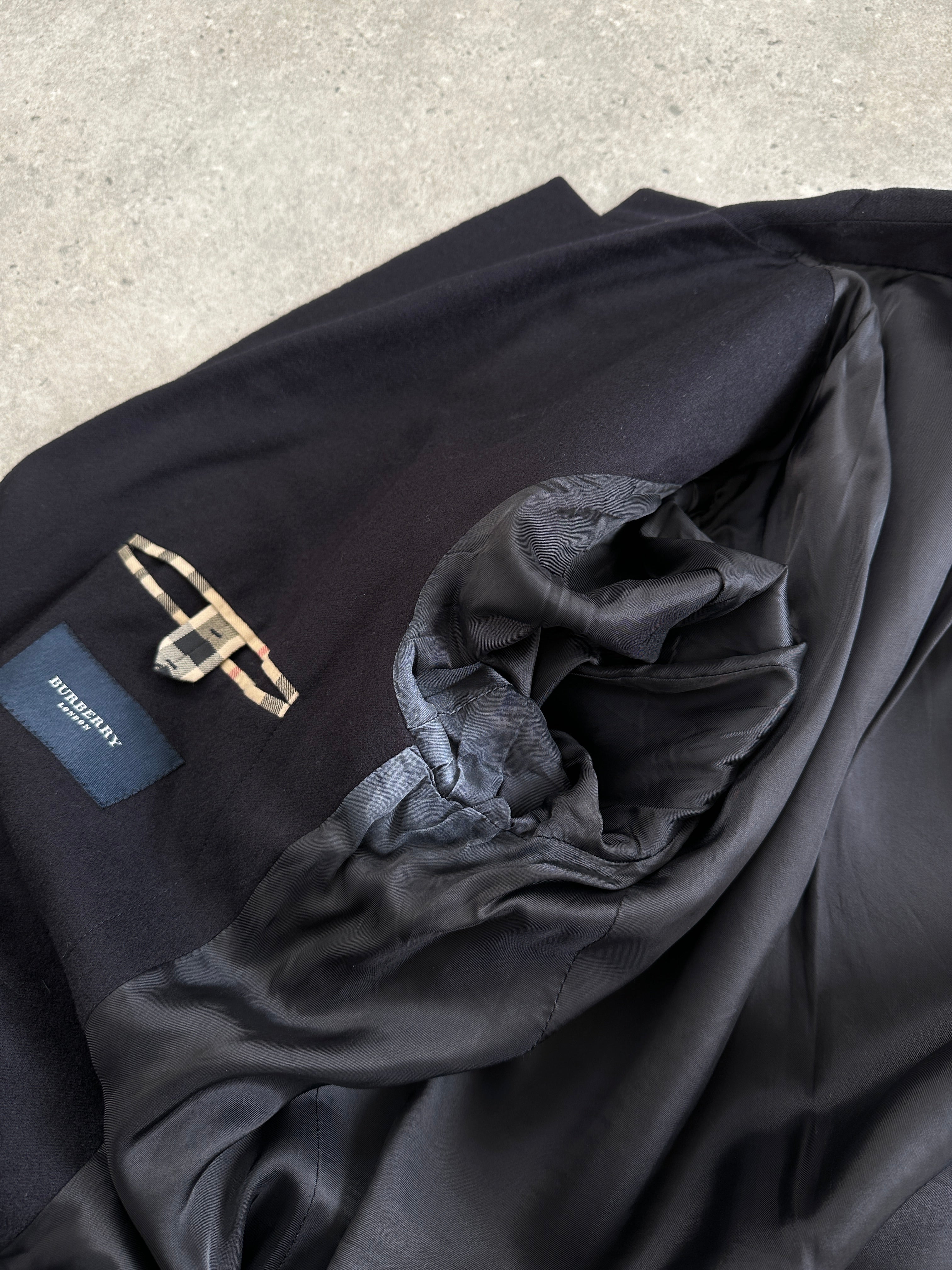 Burberry London high neck Nova check wool blazer in size 38R/M, tailored fit with classic check pattern and high neckline.