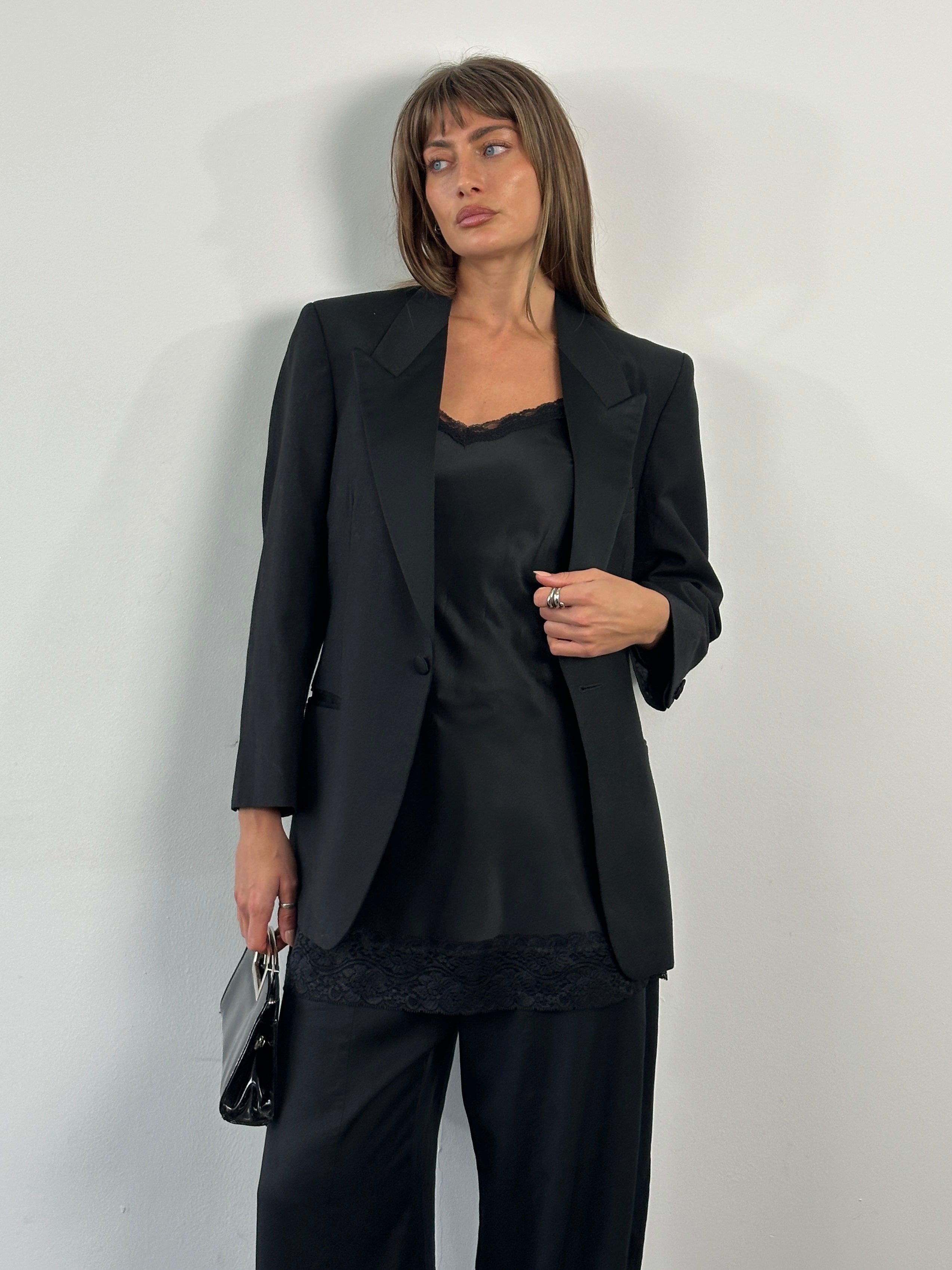 Christian Dior Monsieur 1980s wool tuxedo blazer in size 38R/M, tailored fit with classic lapels and structured design.