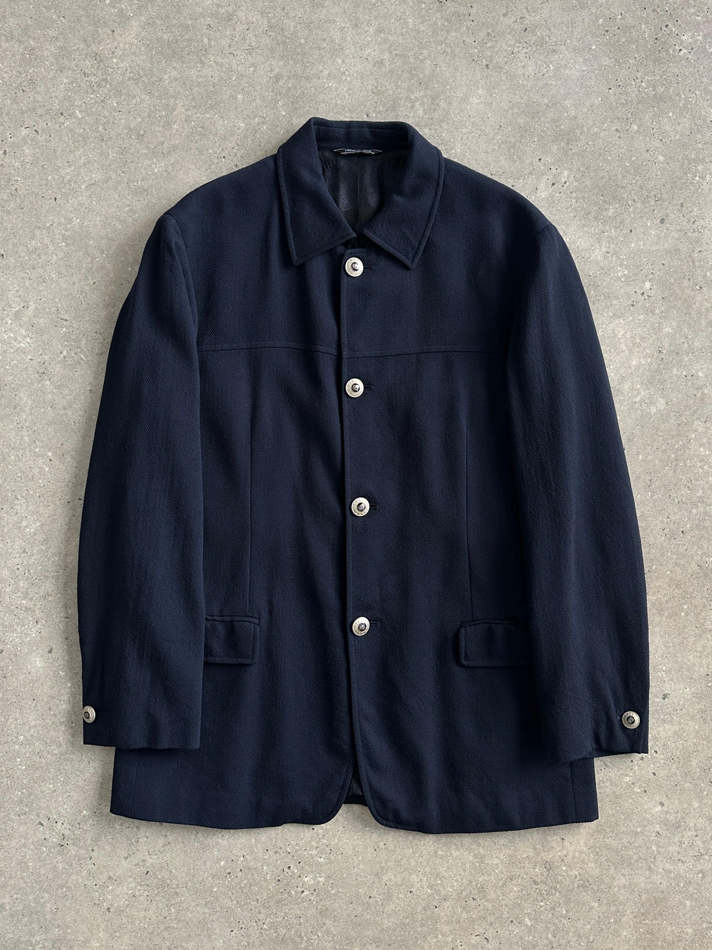 Versace Classic V2 1990s bespoke pure wool chore jacket in size L, featuring a tailored design and button details.
