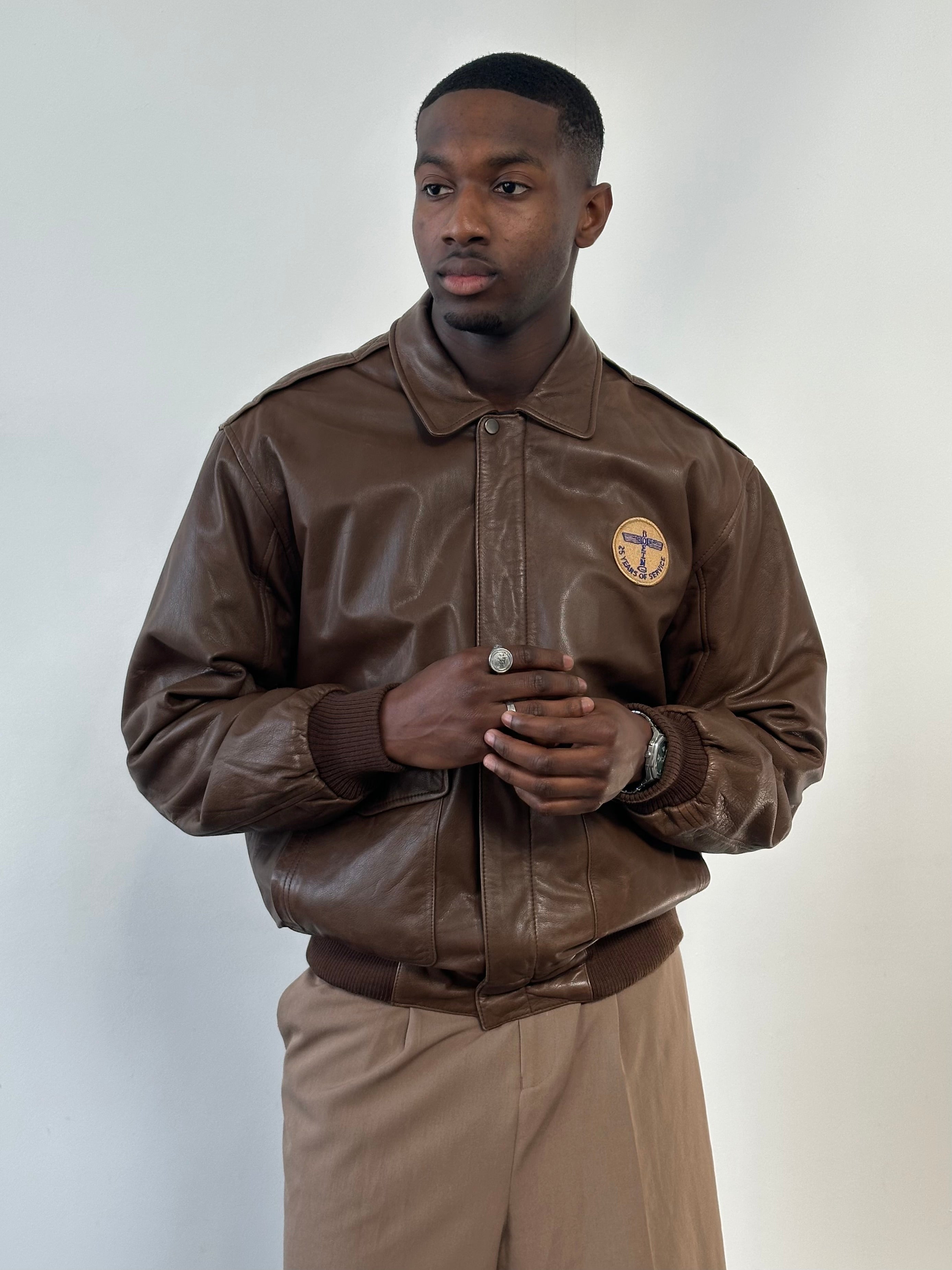 Vintage 1990s  Embroidery Aviator Leather Bomber Jacket - M