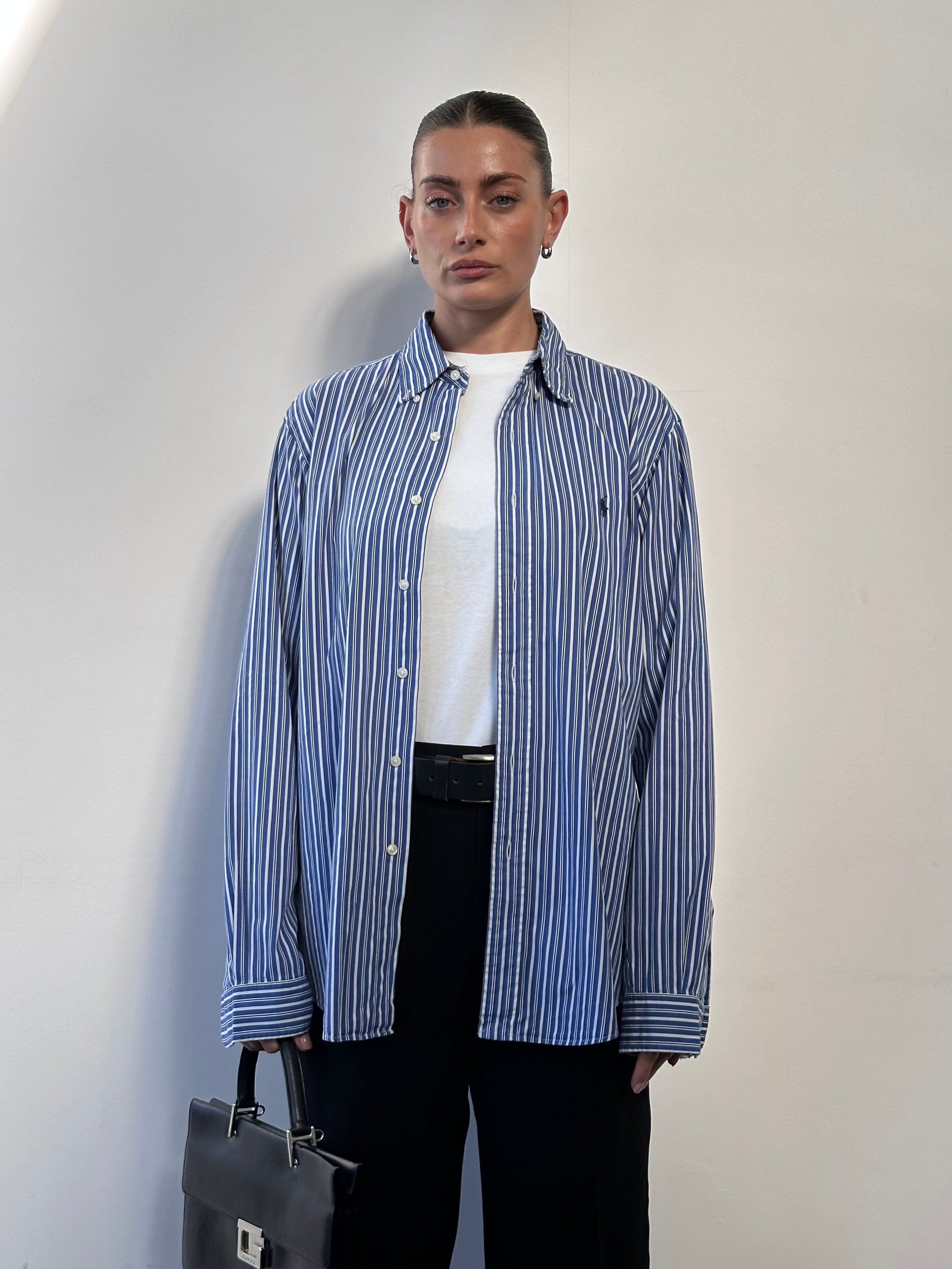 Ralph Lauren stripe pure cotton logo shirt in size L/XL, featuring classic design with colorful horizontal stripes and short sleeves.