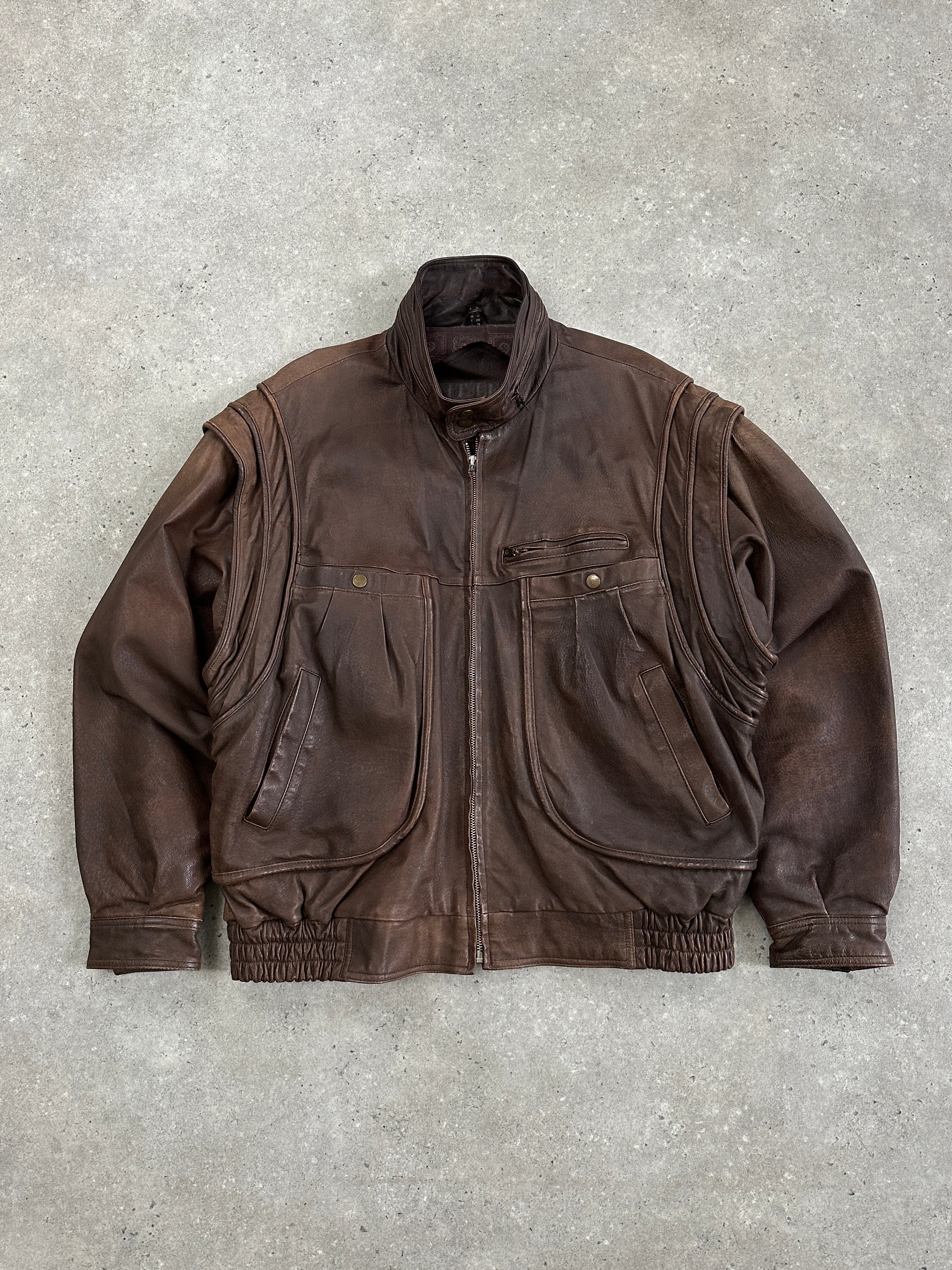 Vintage high neck aged leather bomber jacket, L/XL, showcasing distressed leather and classic bomber style with ribbed cuffs and collar.