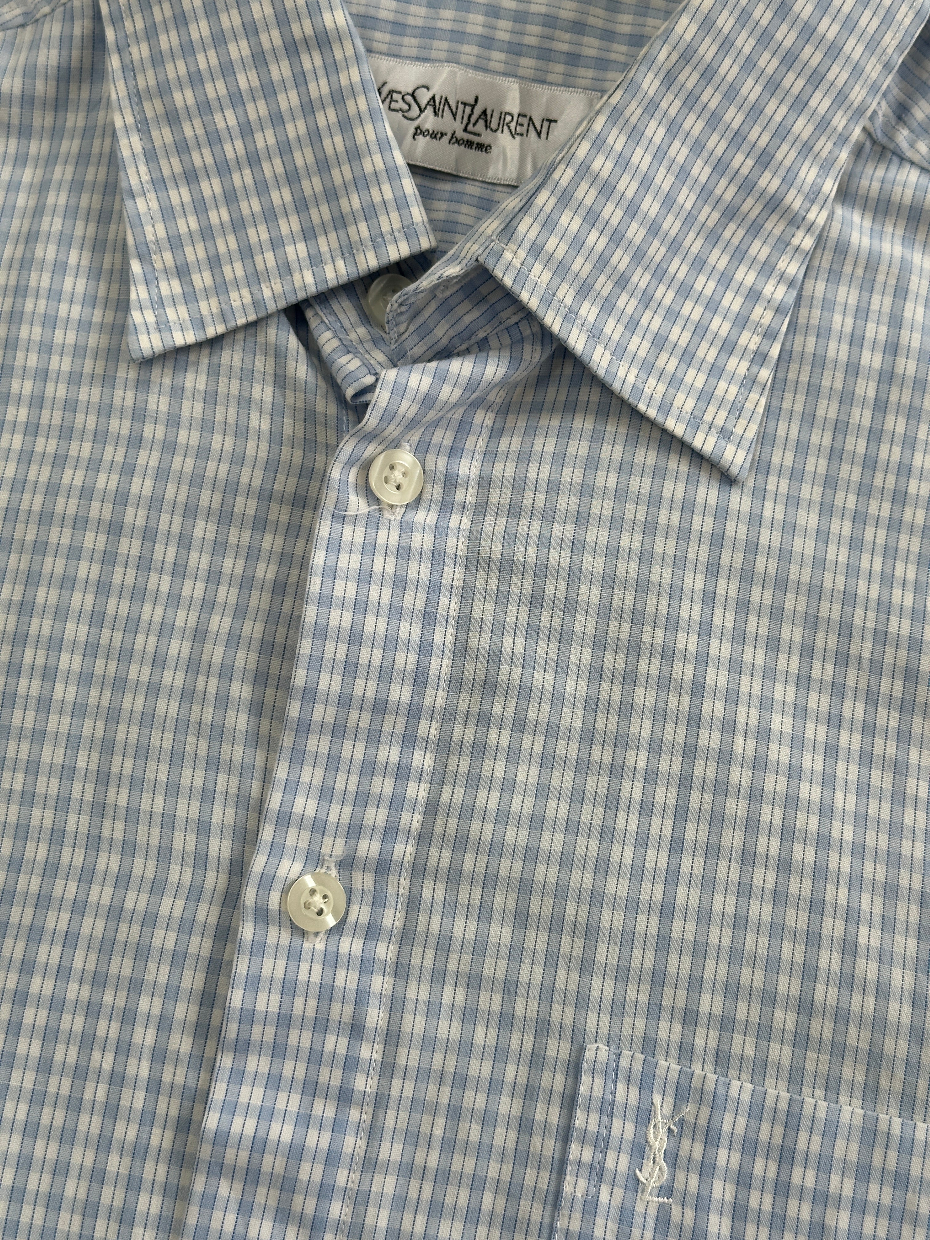Yves Saint Laurent Pour Homme check logo cotton shirt in size M/L, featuring classic pattern and logo details.