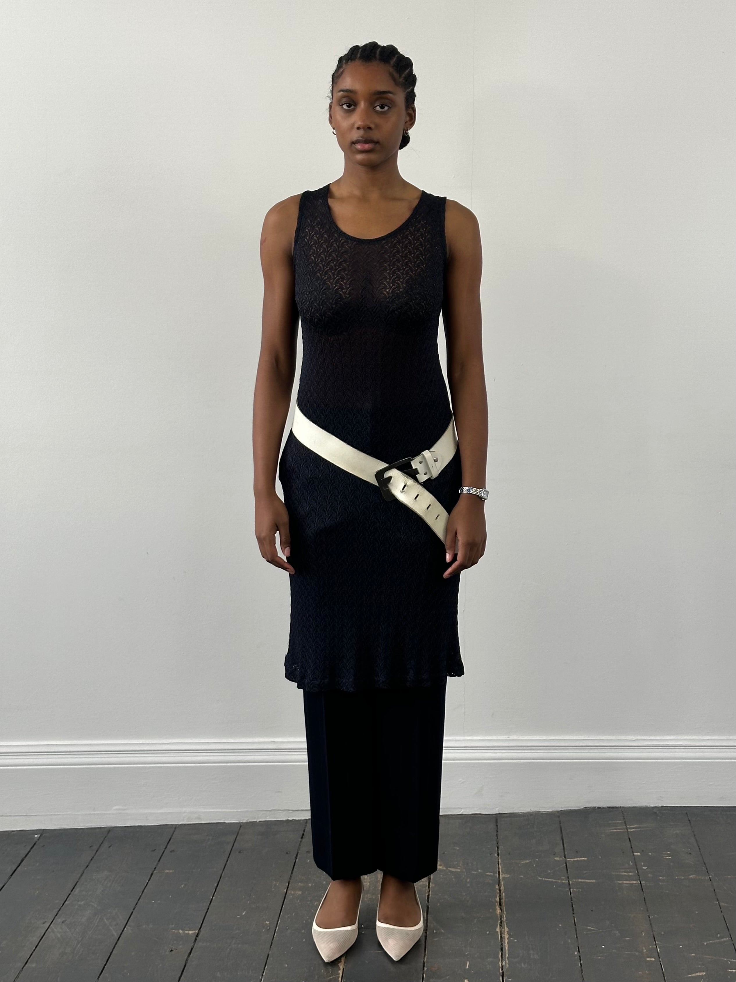 Vintage Italian 1990s open knit midi dress, size M, featuring a stylish mid-length design with intricate knit pattern.