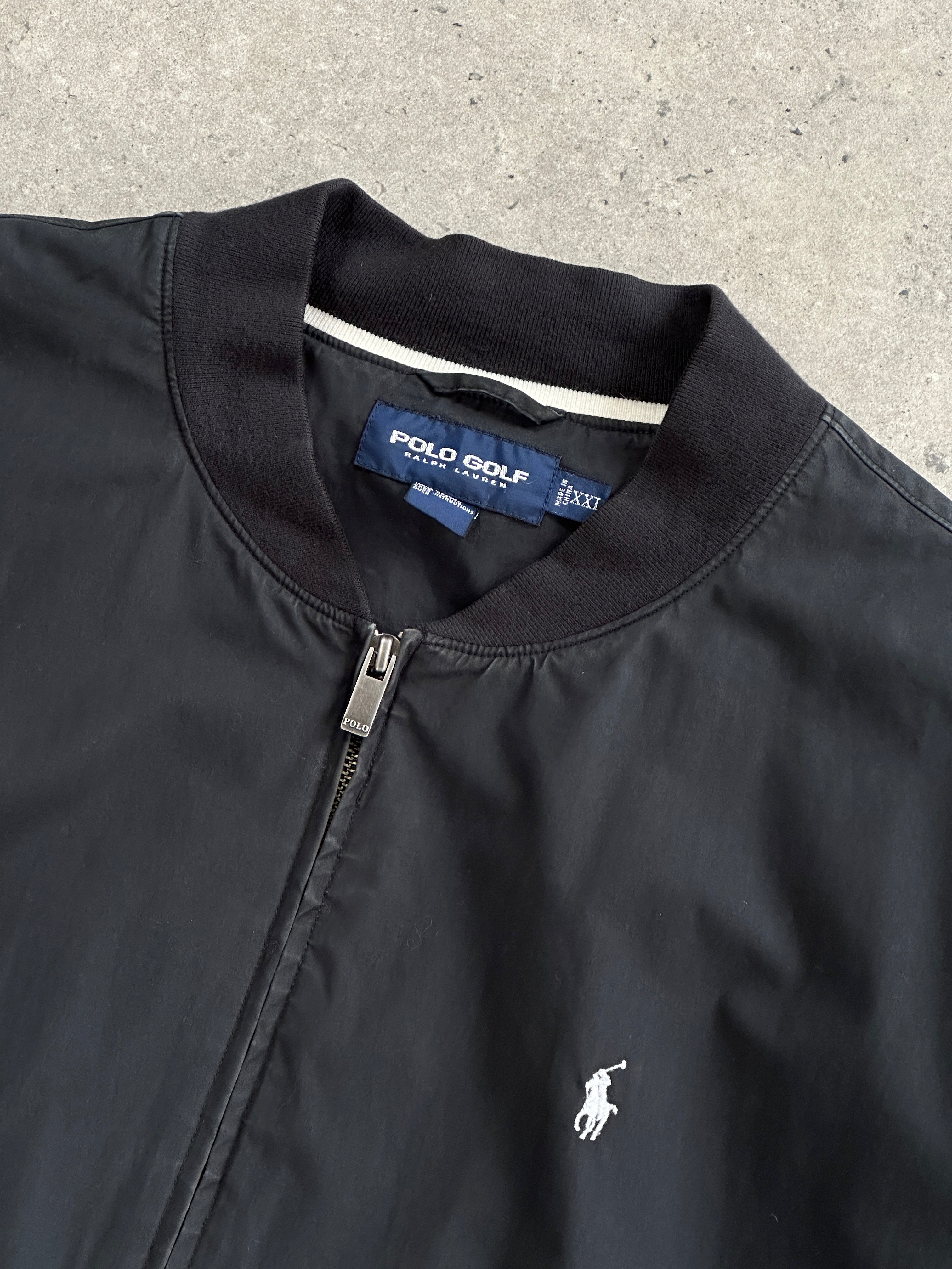 Ralph Lauren pure cotton logo bomber jacket in XXL, navy with embroidered brand logo on front and ribbed cuffs and hem.