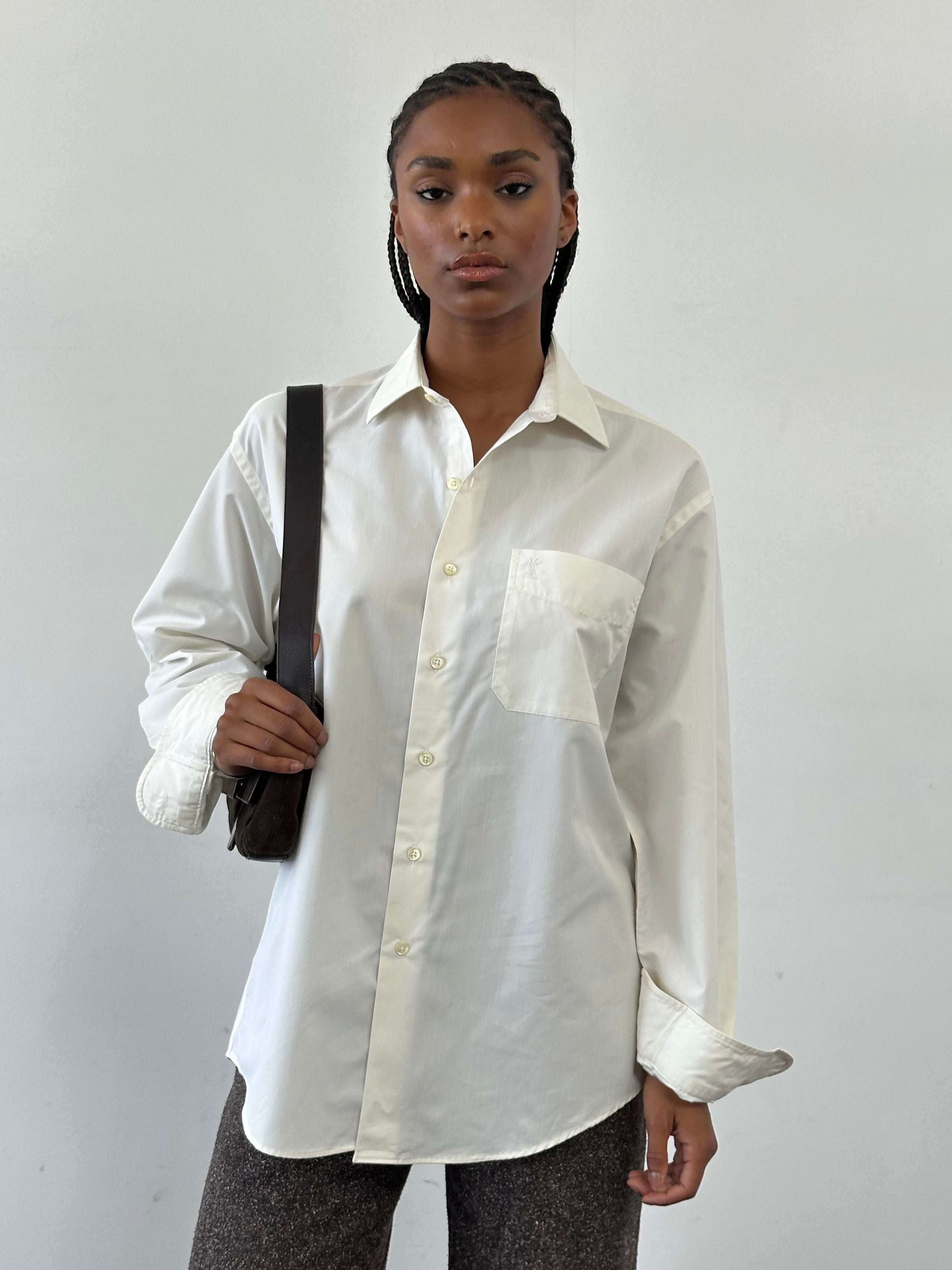 Yves Saint Laurent Pour Homme 1990s cotton logo shirt, men's size L, white shirt with YSL branding visible on front.