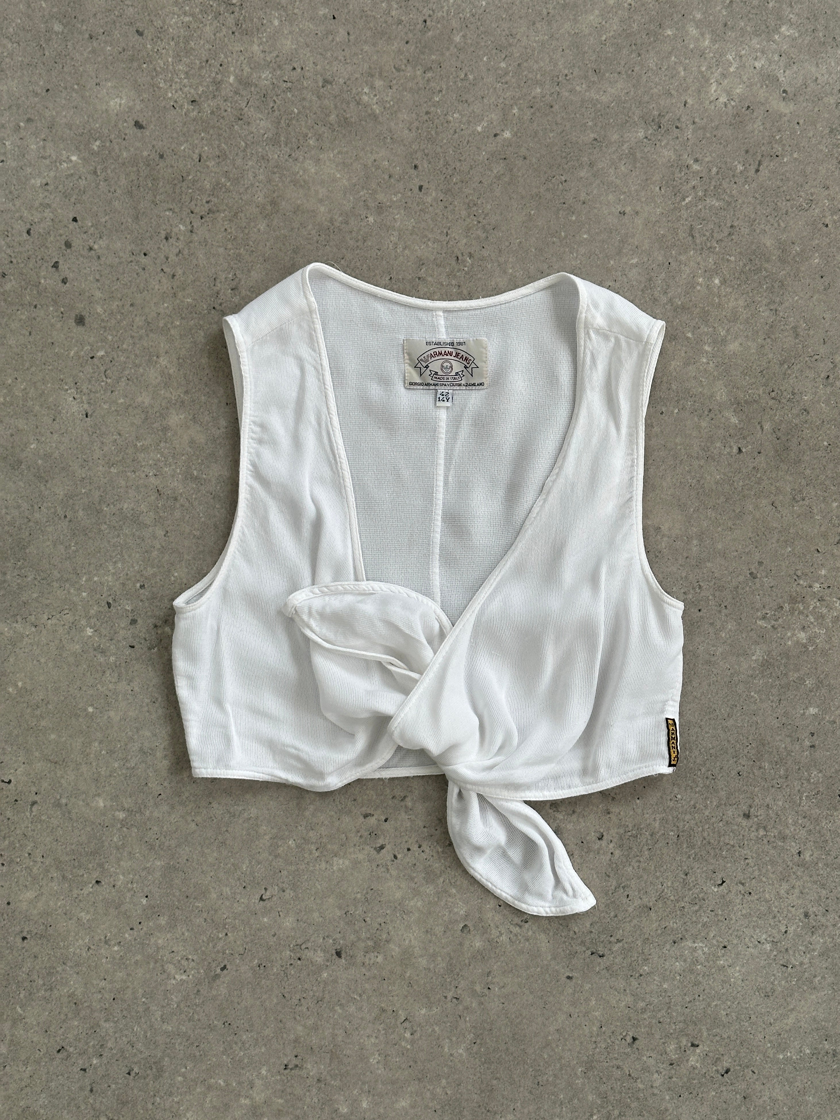 Armani Jeans cotton tie-front crop top in XS/S, stylish casual top with cropped length and knot detail, perfect for trendy outfits.