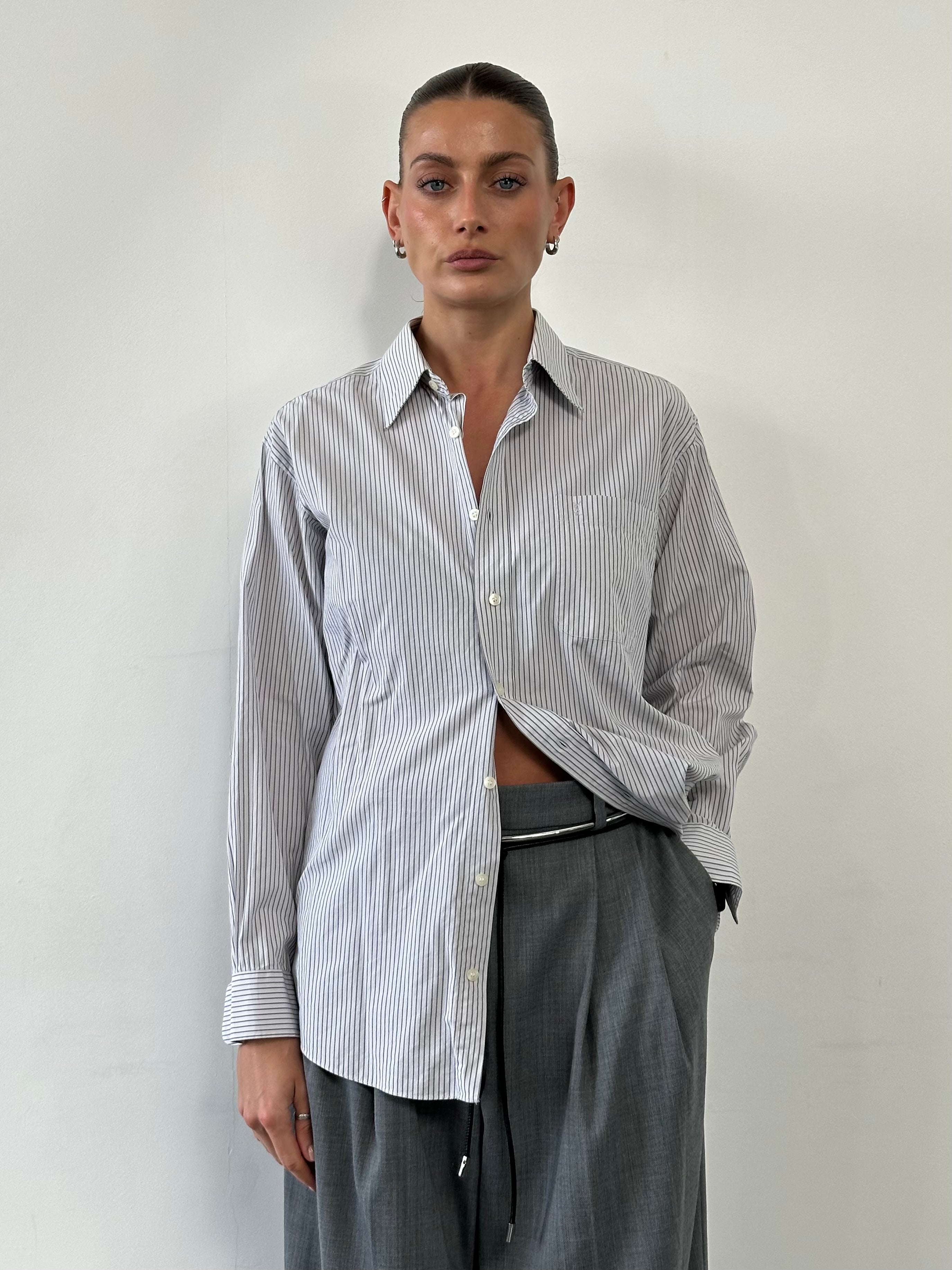 Yves Saint Laurent stripe cotton logo shirt in size M, featuring a classic design with the brand's signature logo and pattern.