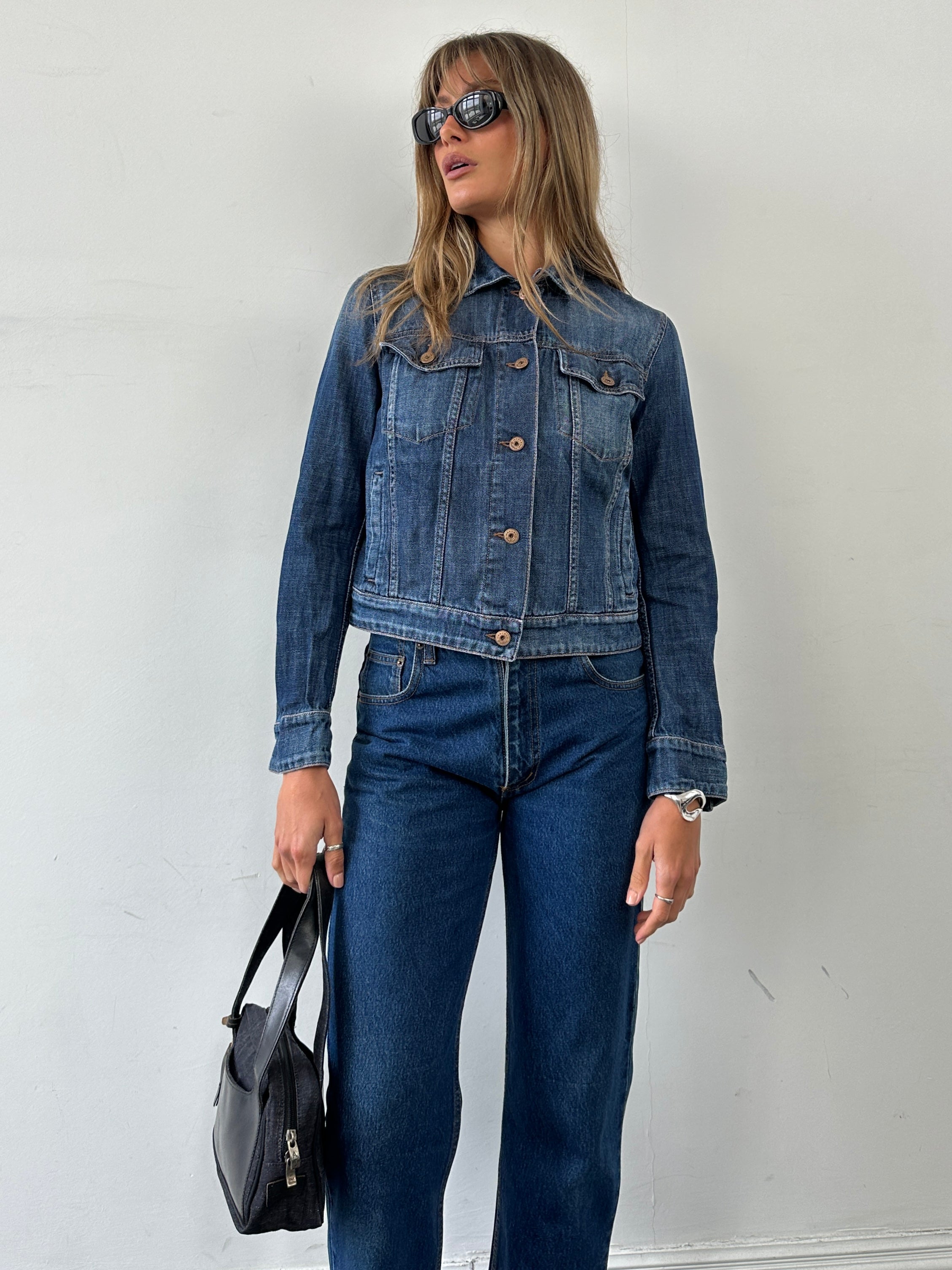 Max Mara Weekend pure cotton denim jacket in S/M, featuring classic design and button closure, shown on a neutral background.