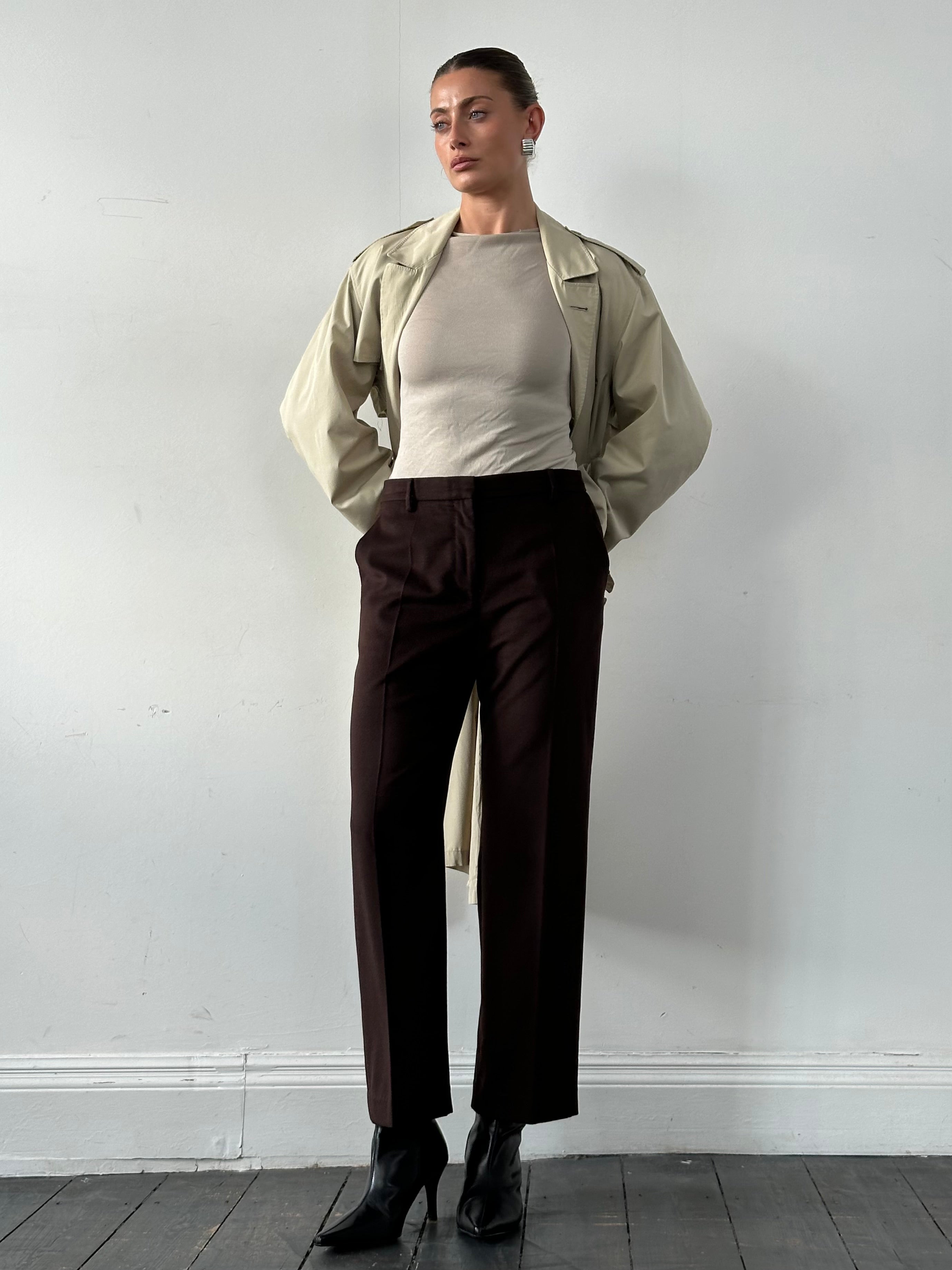 Max Mara pure brushed wool straight leg trousers in W31, shown in a neutral color, tailored fit, and classic style.