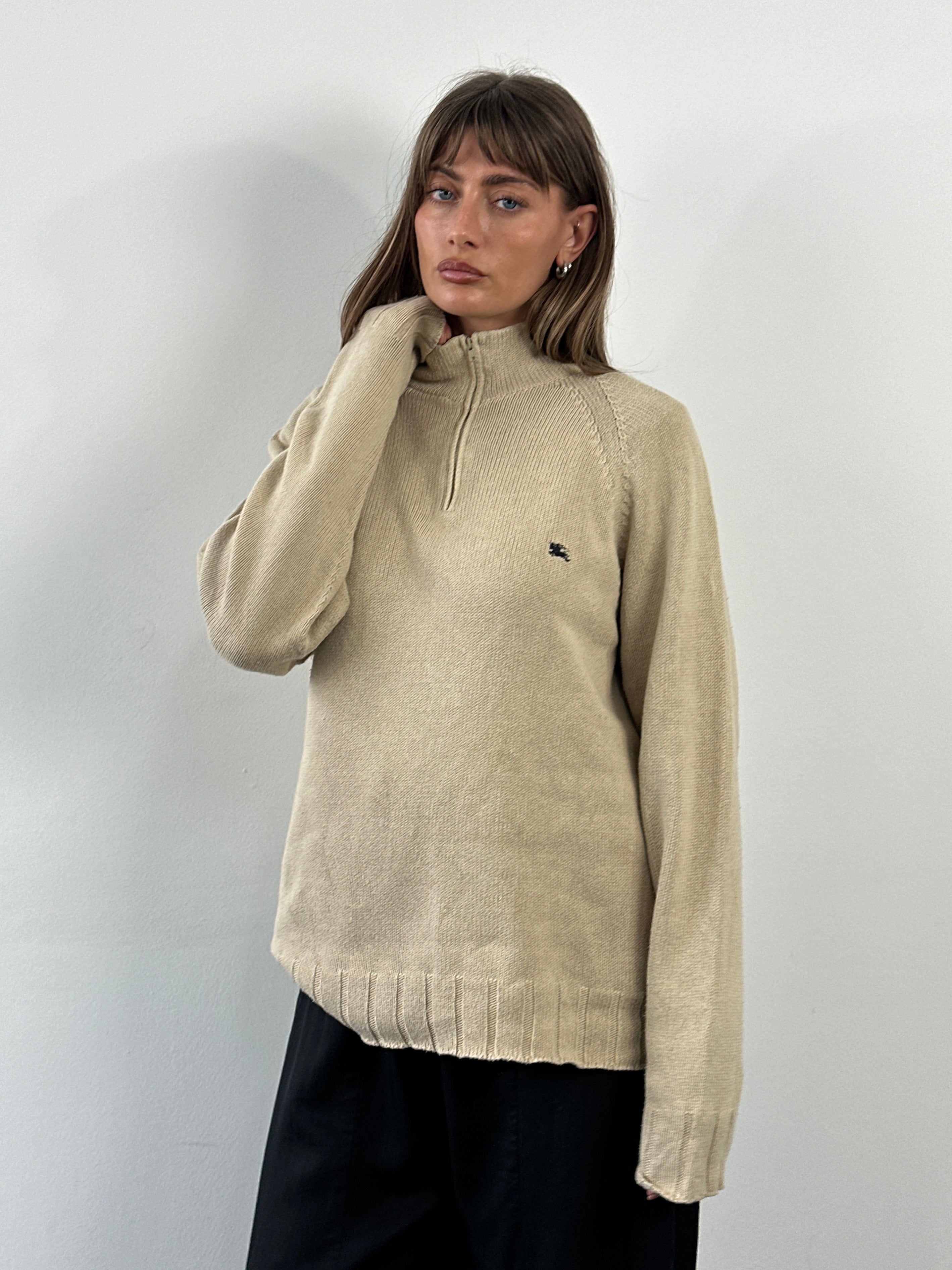 Burberry London 2000s pure cotton quarter zip jumper in XL, featuring a classic design and textured fabric.