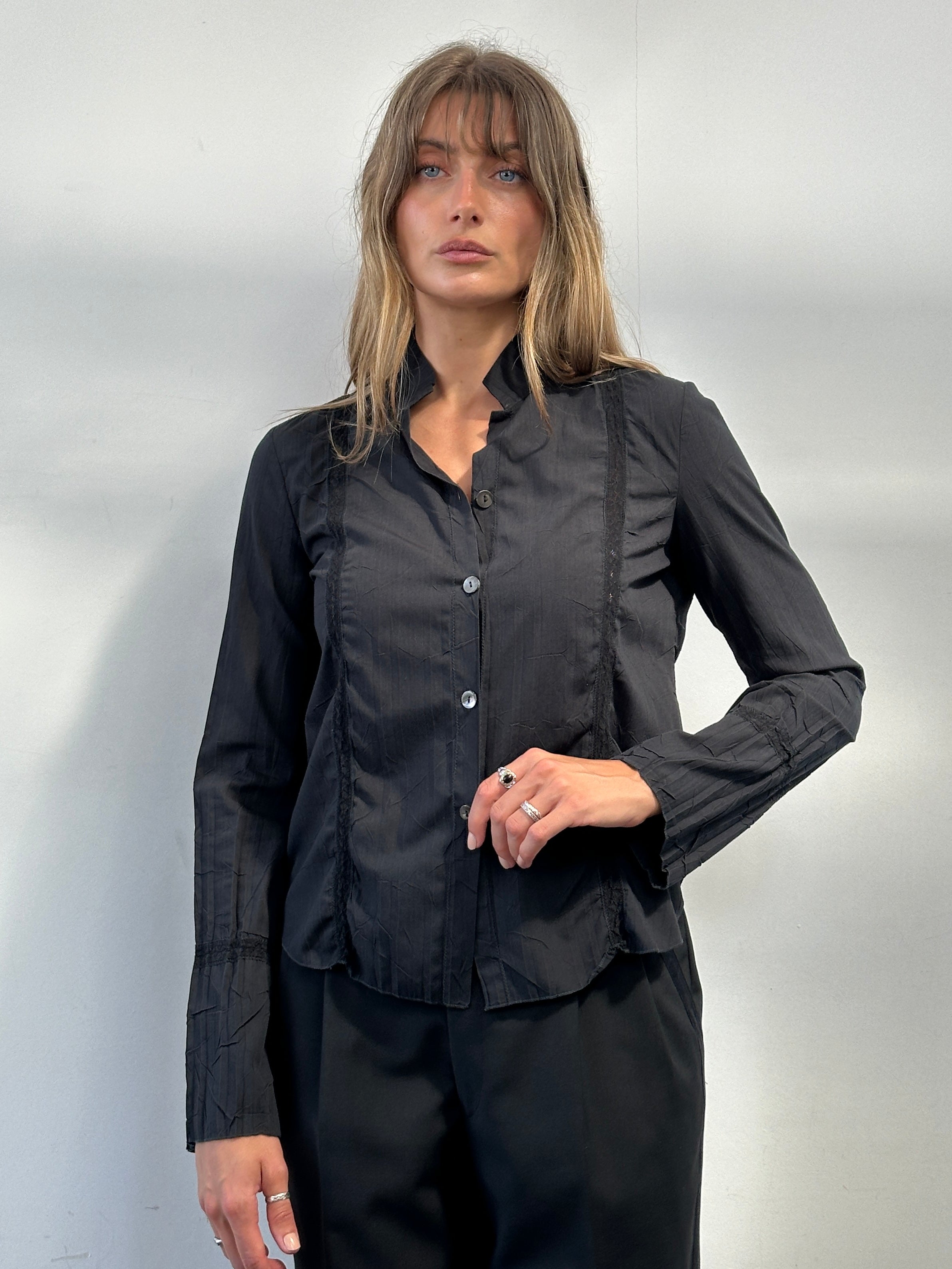 Armani Collezioni pleated lace panel shirt in size S, featuring elegant pleats and lace details, worn on a model.