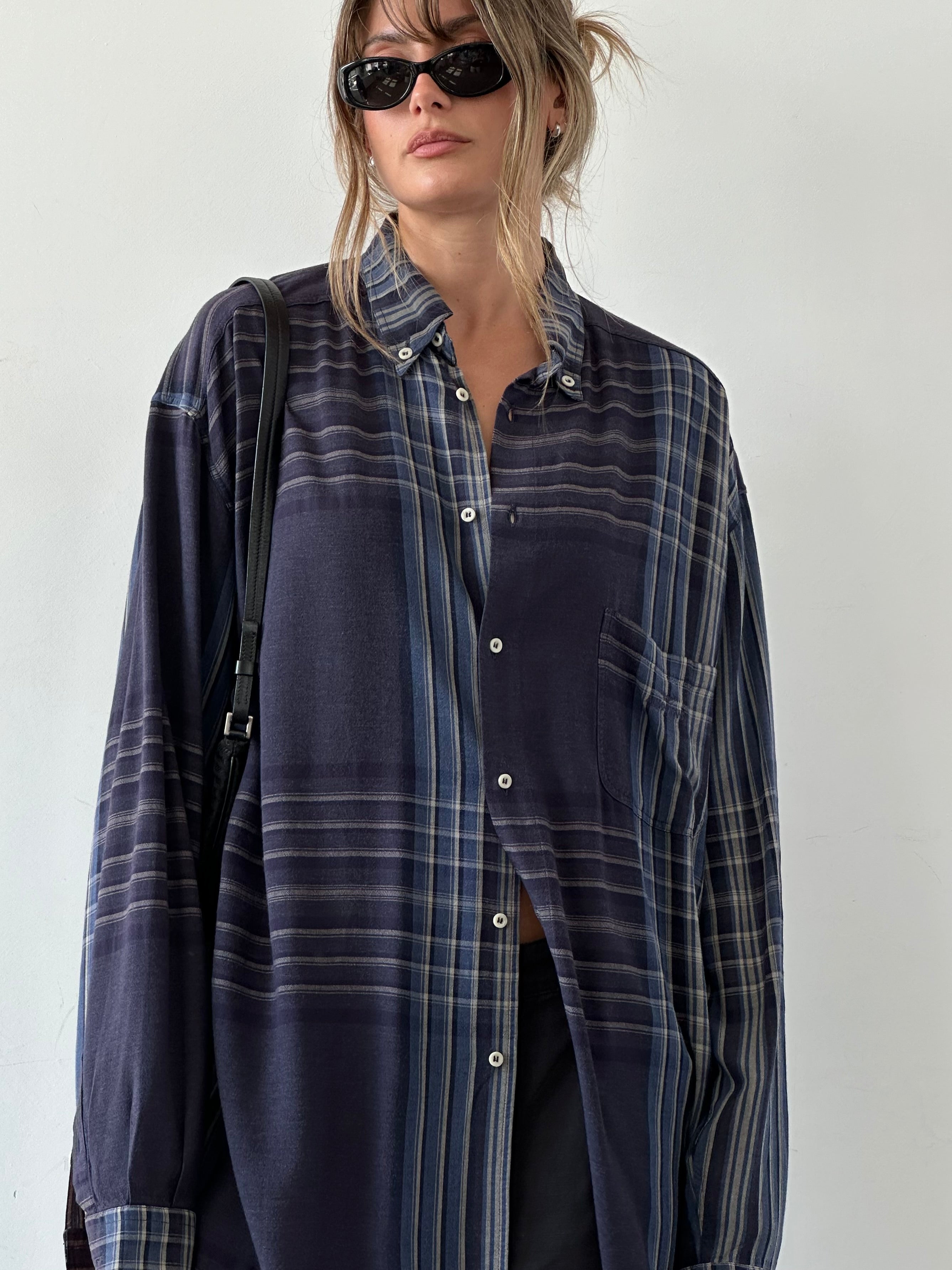 Armani Jeans oversized 90s check flannel logo shirt in XXL, featuring a classic red and black plaid pattern and embroidered Armani logo.