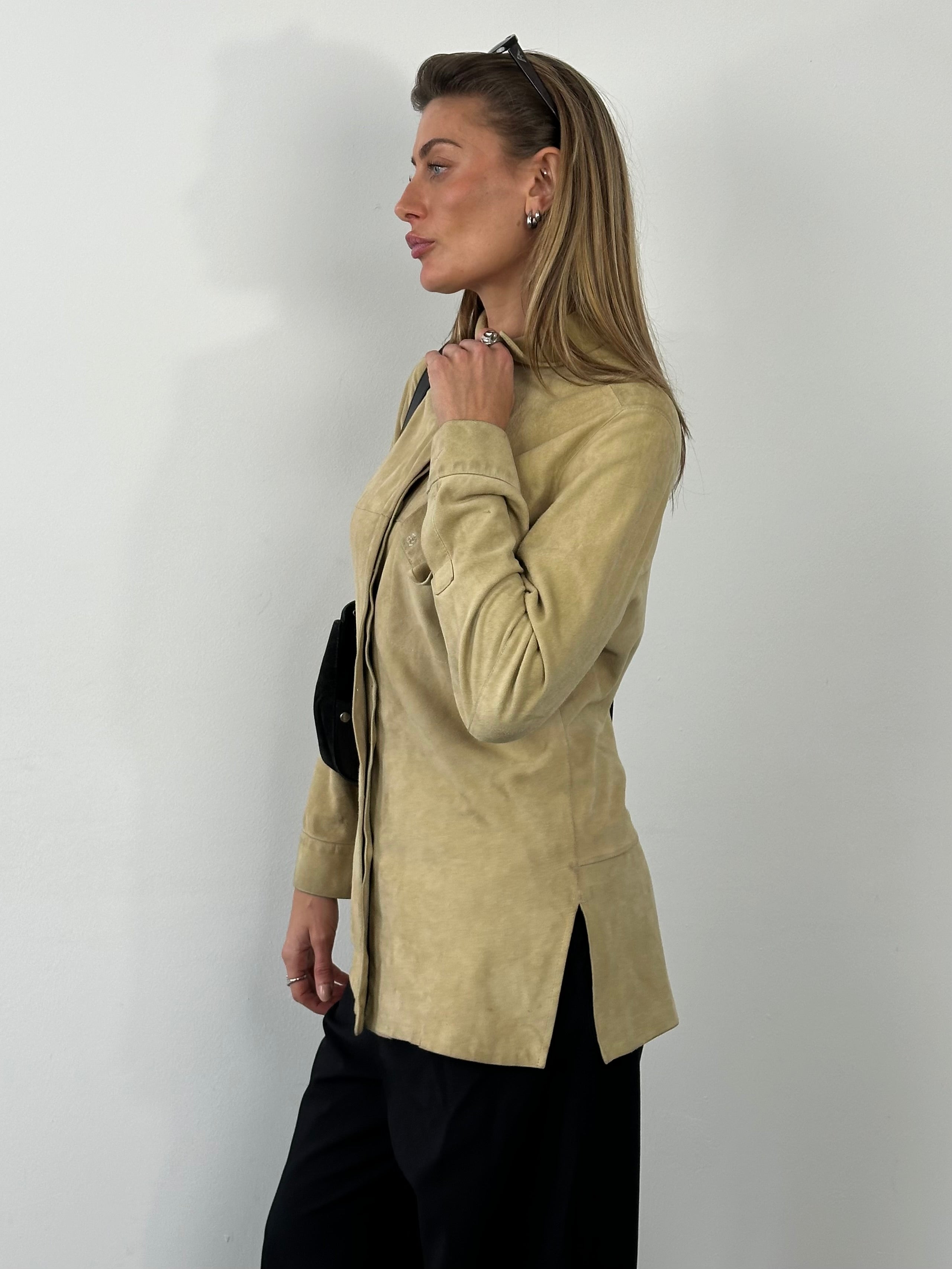 Marella 1990s suede minimal shirt in size M, featuring a sleek, vintage-inspired design with clean lines and soft suede fabric.