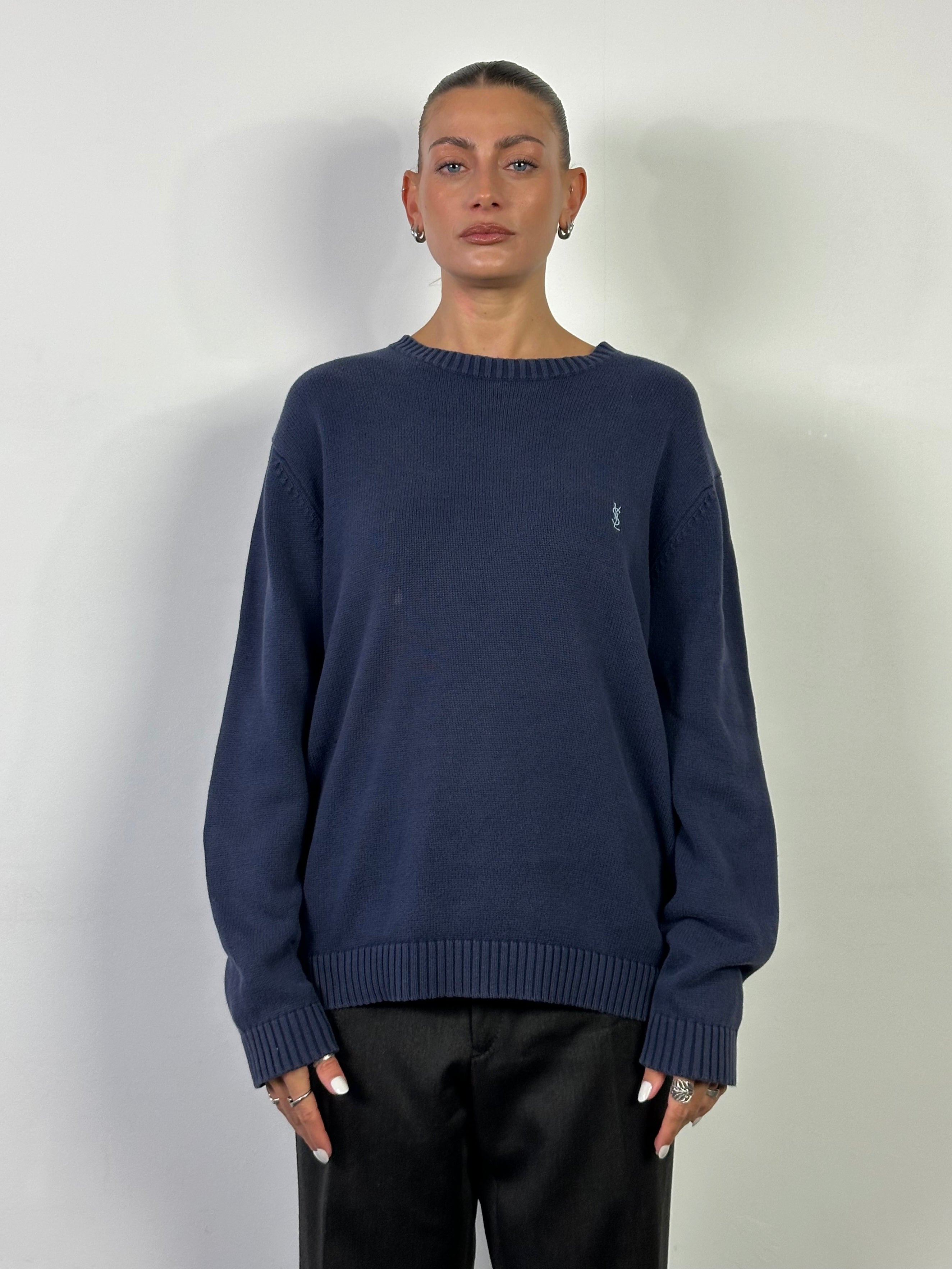 Yves Saint Laurent Pour Homme pure cotton knitted logo jumper in size L/XL, featuring the brand’s signature logo design.