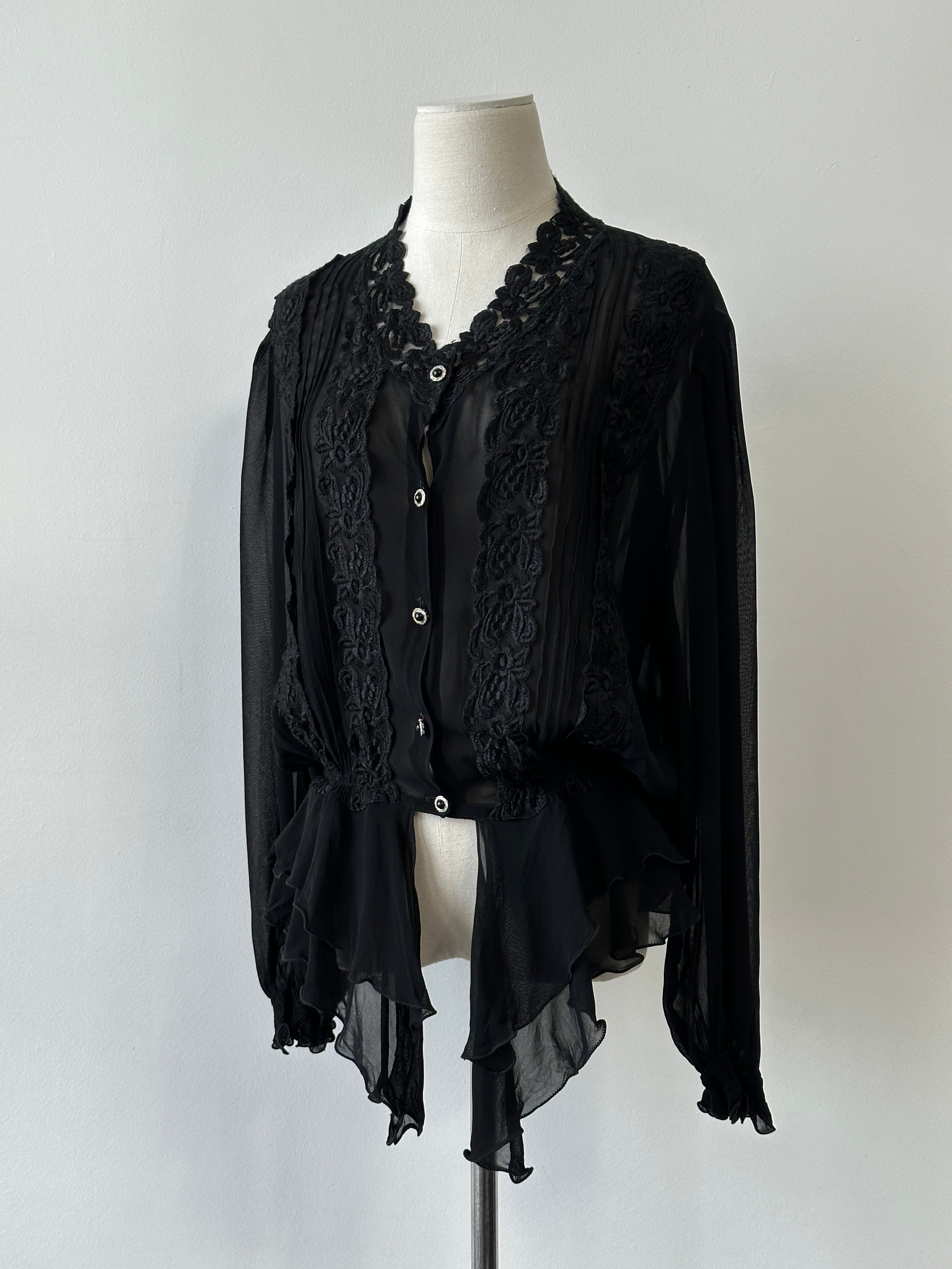 Vintage 1990s Sheer Ruffle Lace Cardigan - M-L