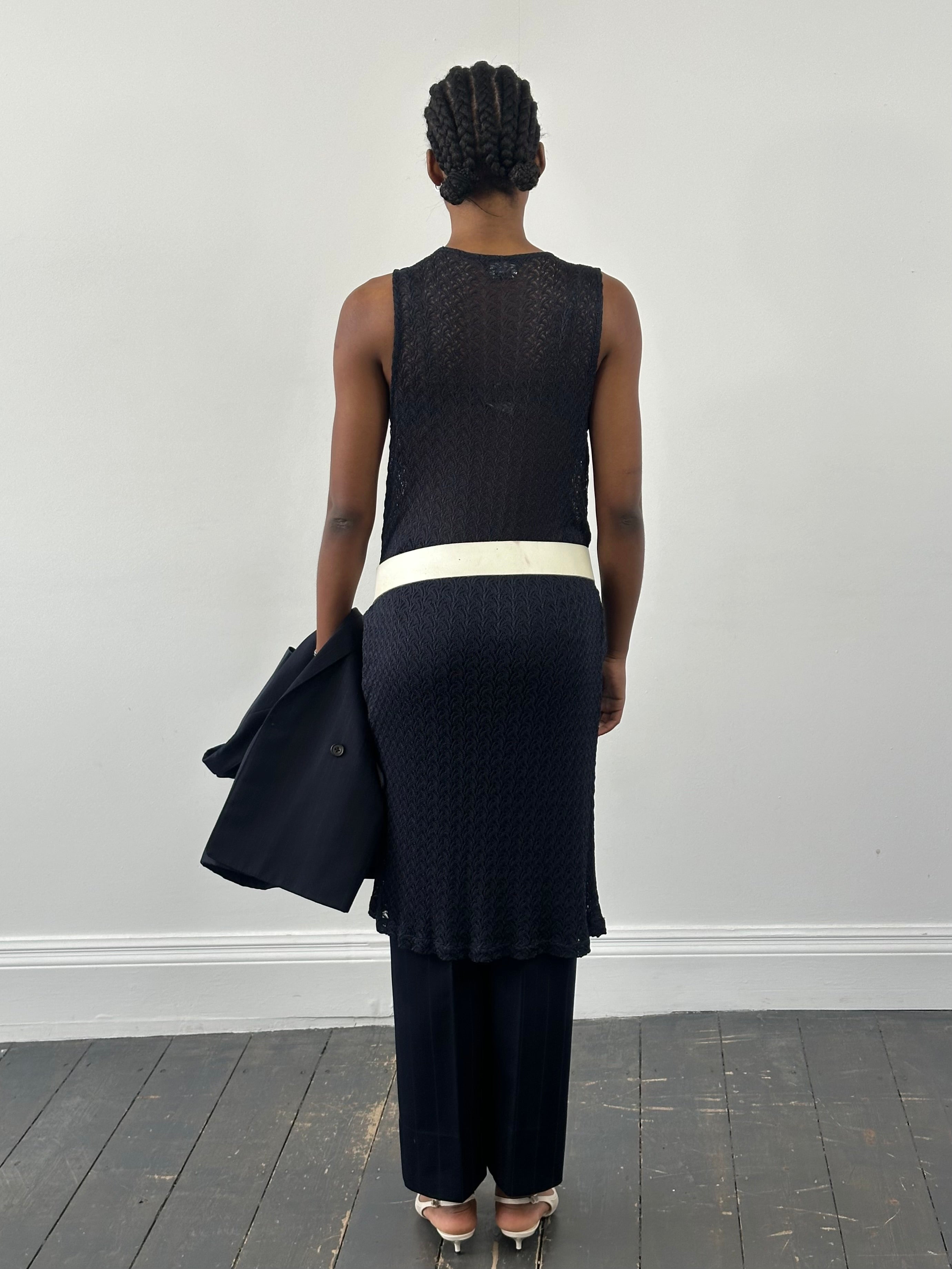 Italian Vintage 1990s open-knit midi dress, medium size, featuring a classic vintage design with intricate knit details.
