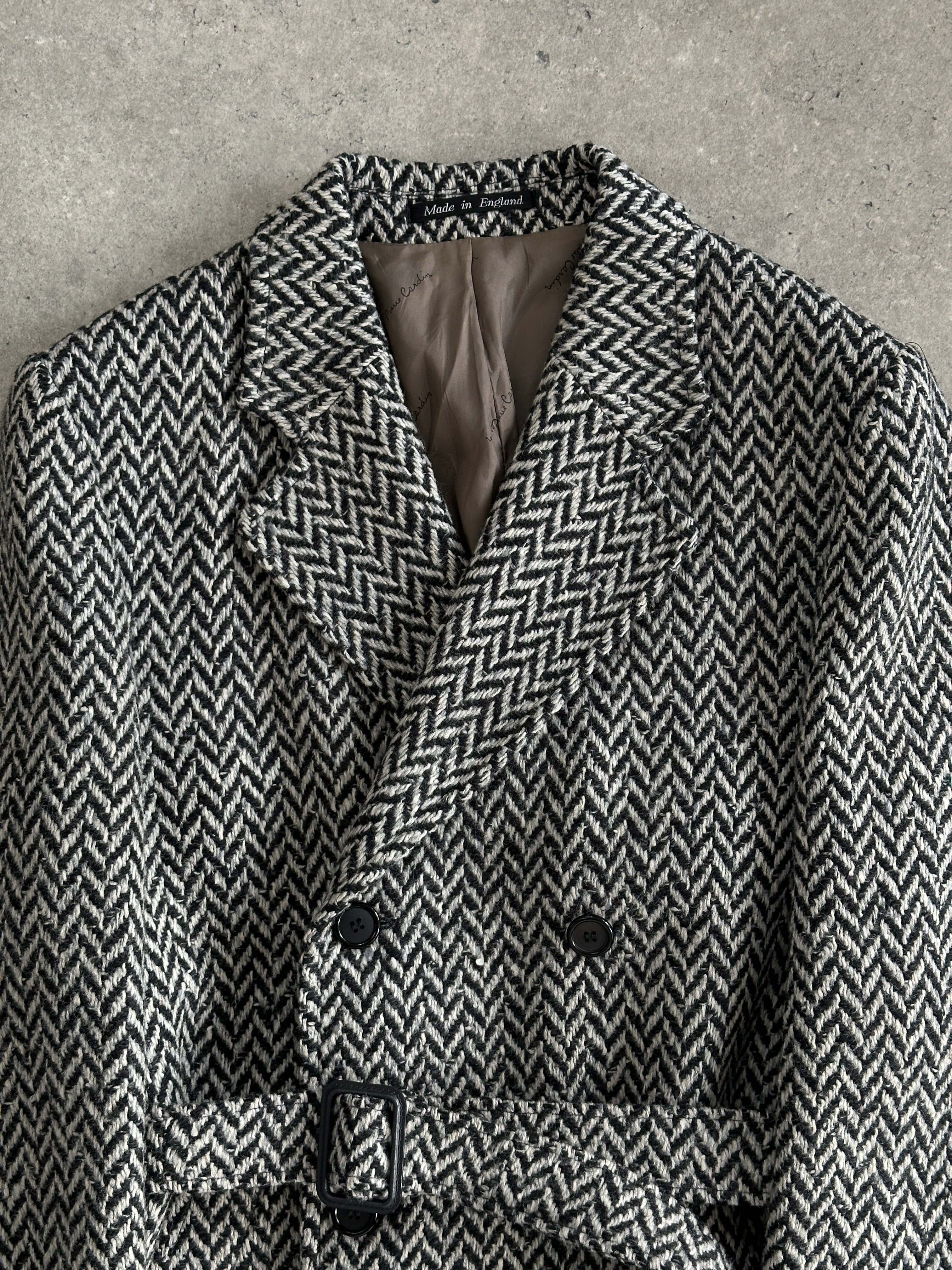 Pierre Cardin pure wool herringbone belted coat in XL, showing a classic tailored coat with belt and herringbone pattern.