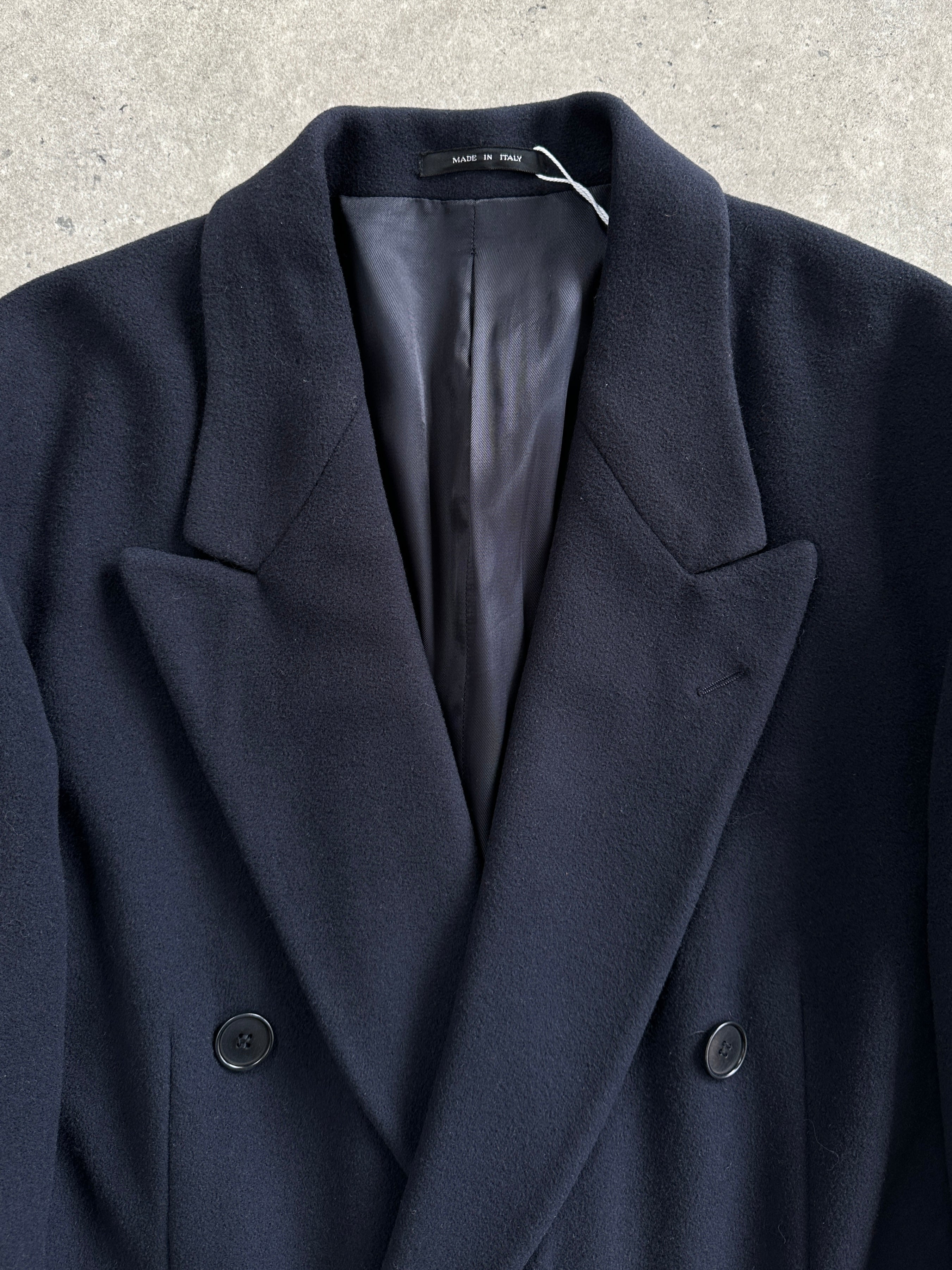 Emporio Armani 1990s wool and cashmere double-breasted coat in size L/XL, featuring classic tailored style and neutral color.