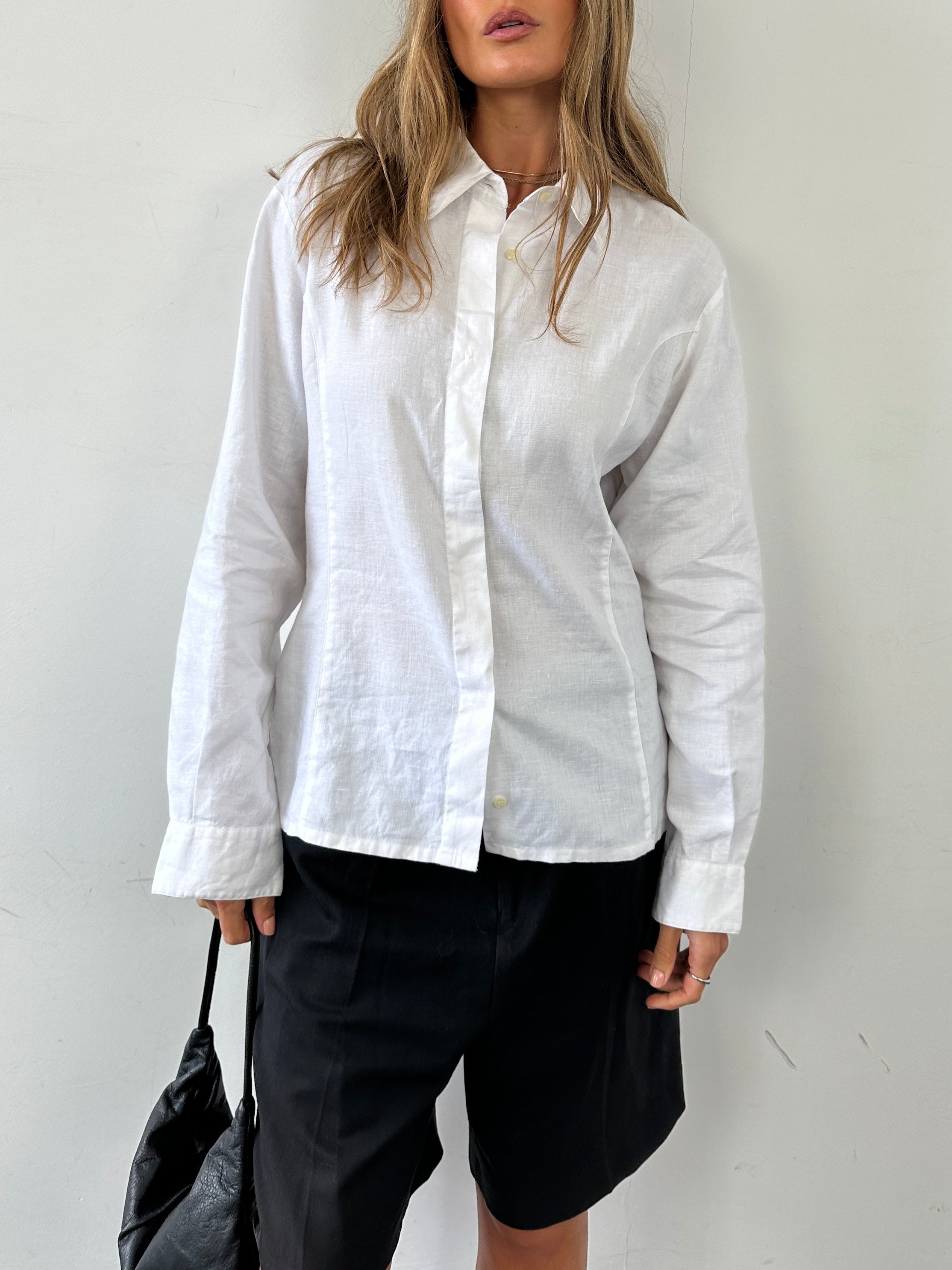 Vintage pure linen concealed placket shirt in size M, shown flat with detailed front view and natural linen texture.