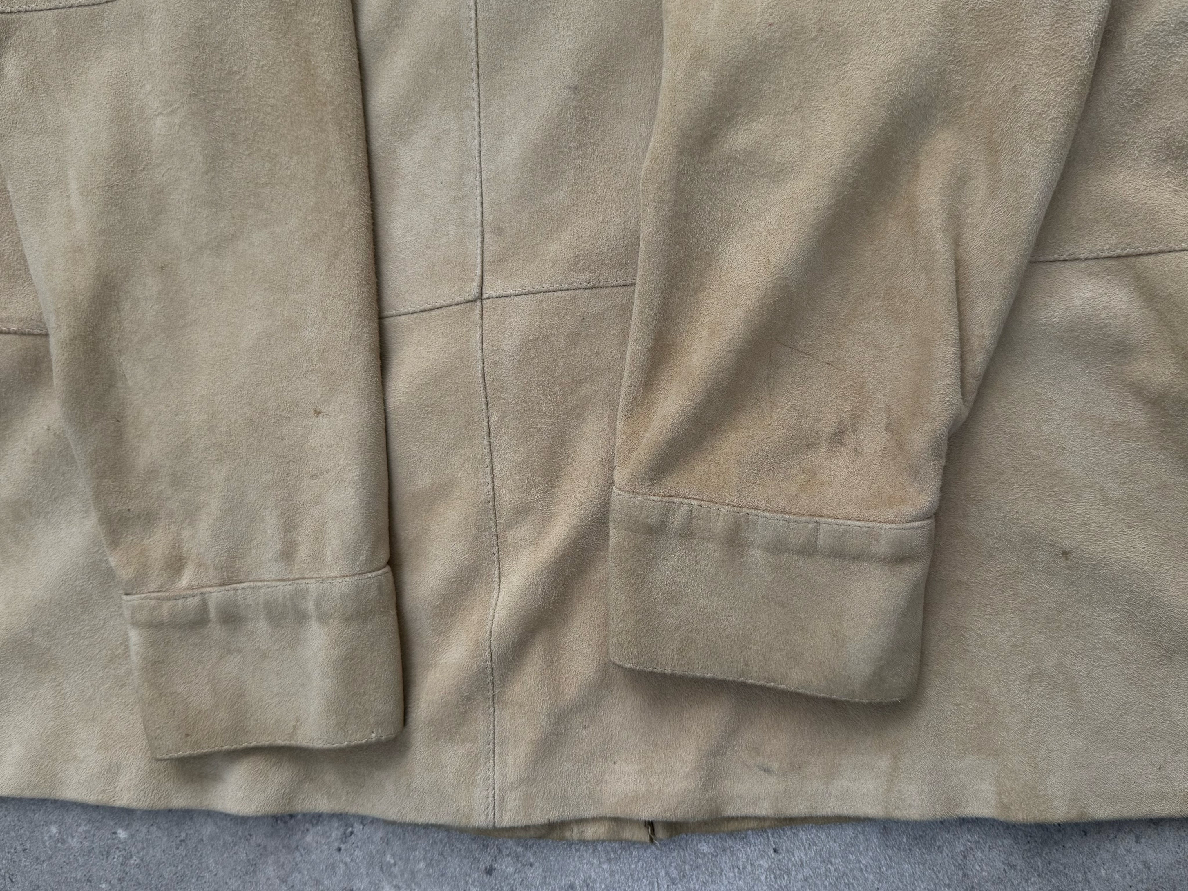 Marella 1990s suede minimal shirt in tan, showing a close-up of the soft suede fabric and classic collar detail.