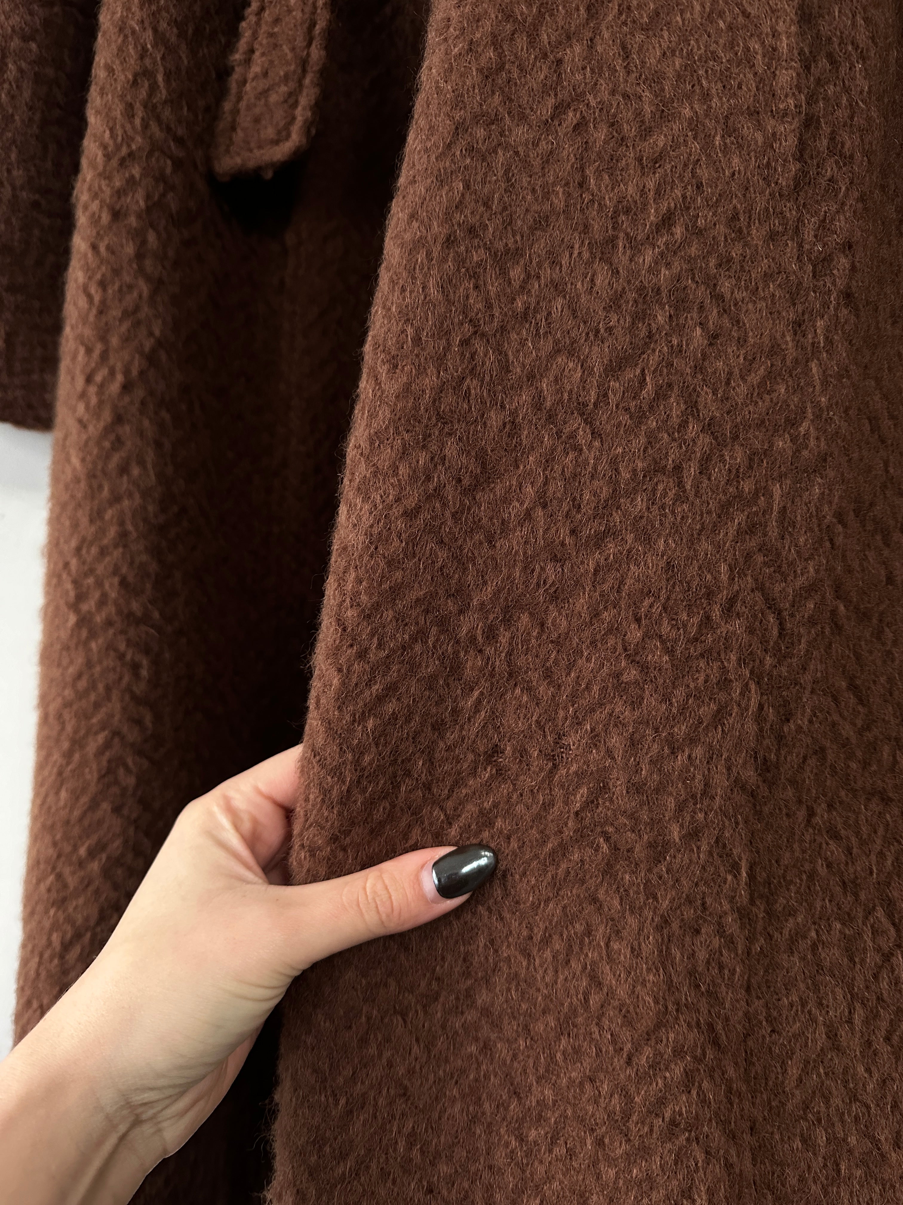 Vintage Italian mohair wool double-breasted belted coat in S/M, featuring classic design and warm, textured fabric.