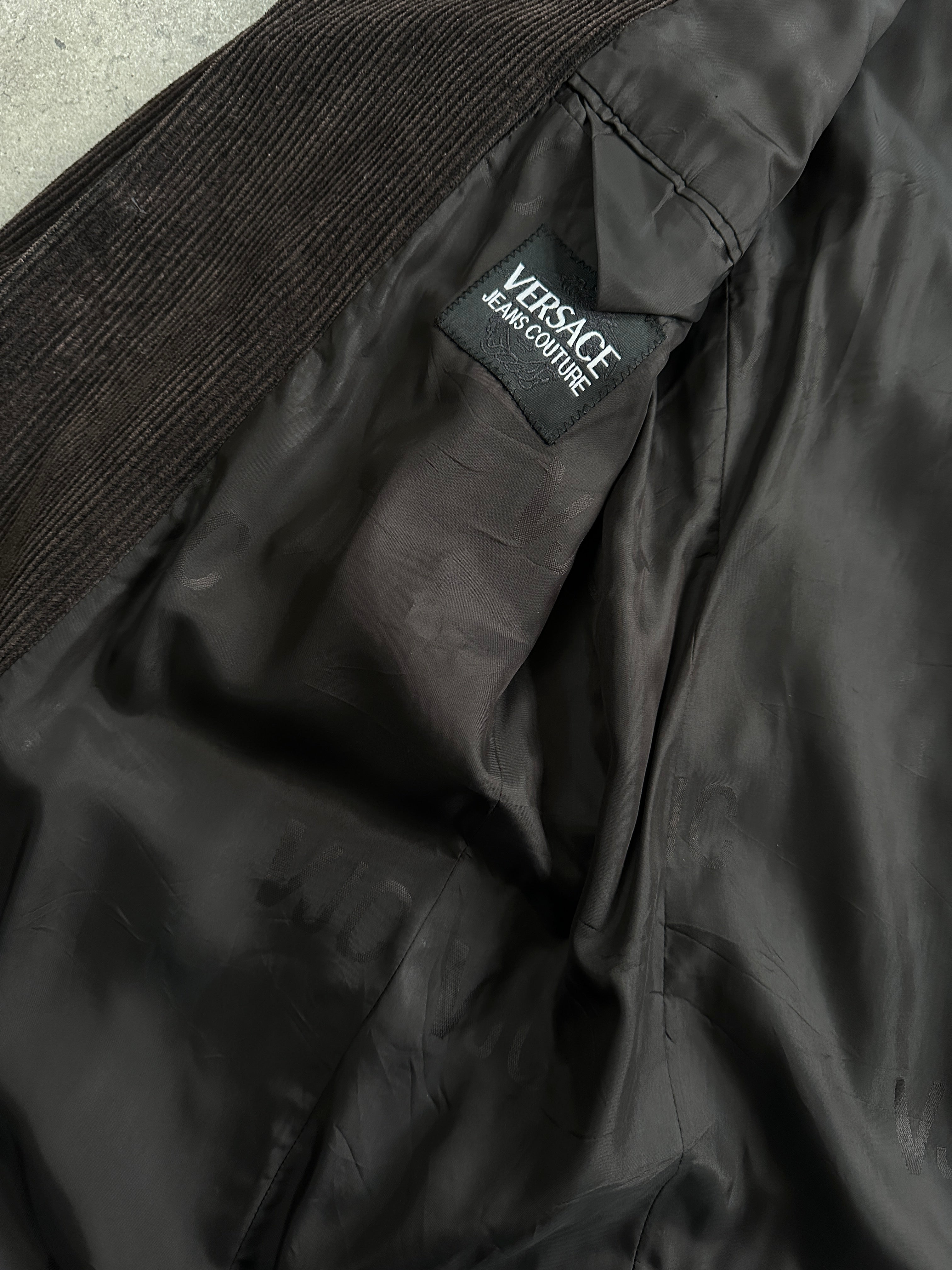 Versace pure cotton corduroy blazer in 40L size, single-breasted design with notch lapel and tailored fit.
