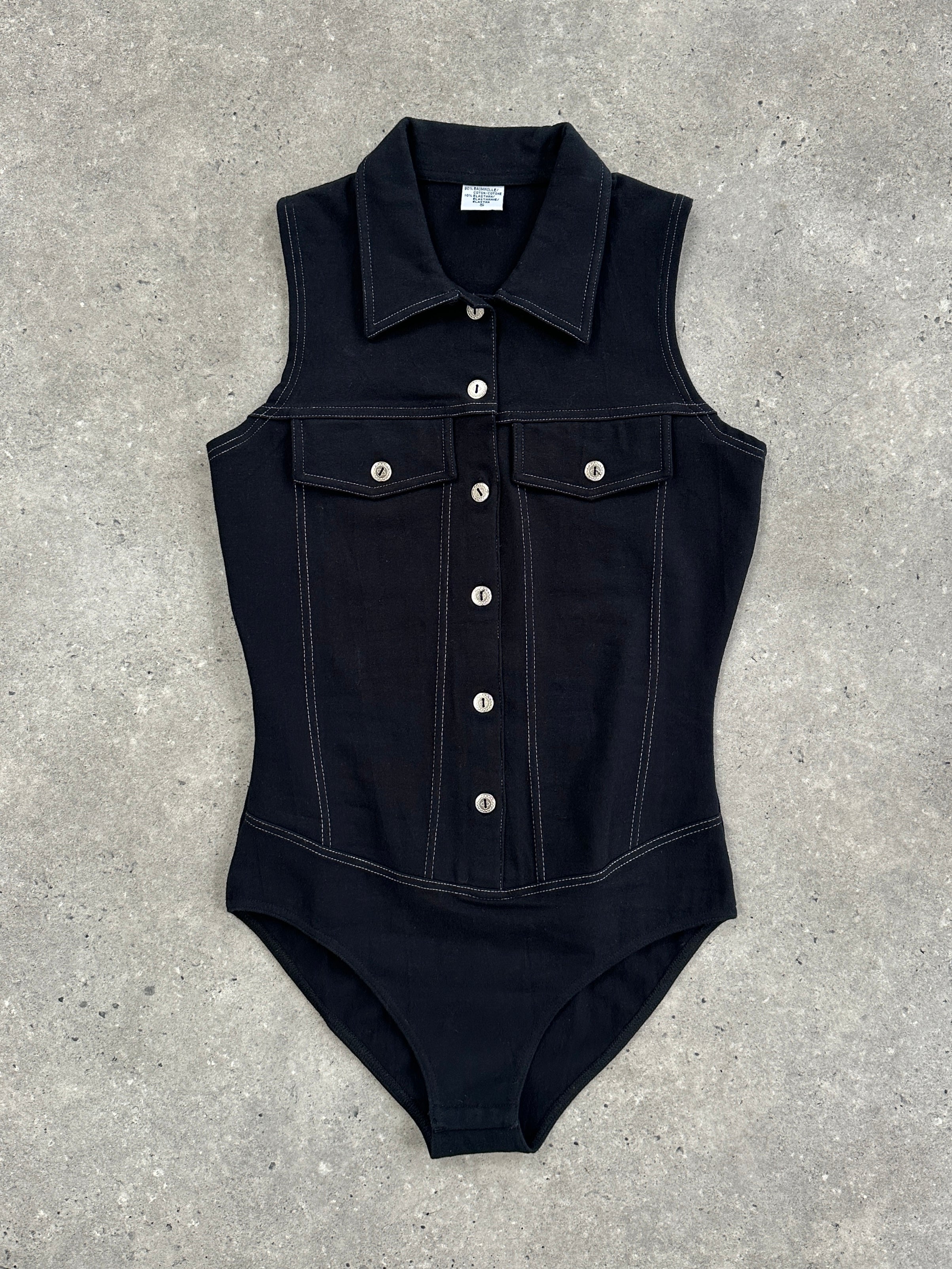 Vintage brand vintage cotton contrast stitch bodysuit top in size S, featuring classic design and detailed stitching.